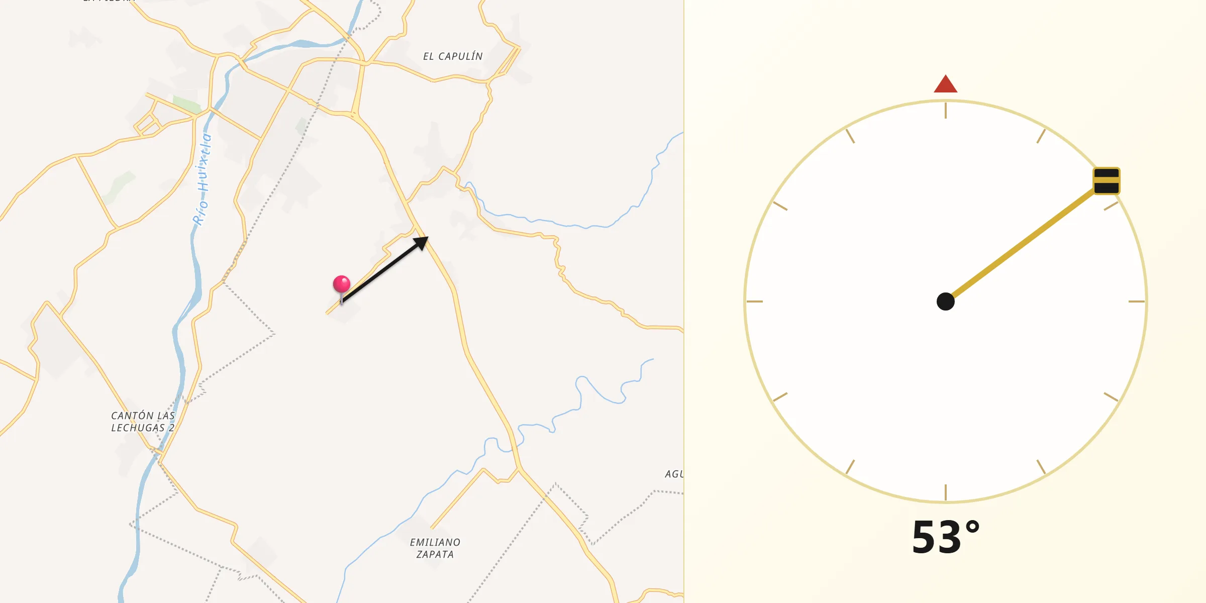 Dirección de la Qibla desde Estación Tuzantán