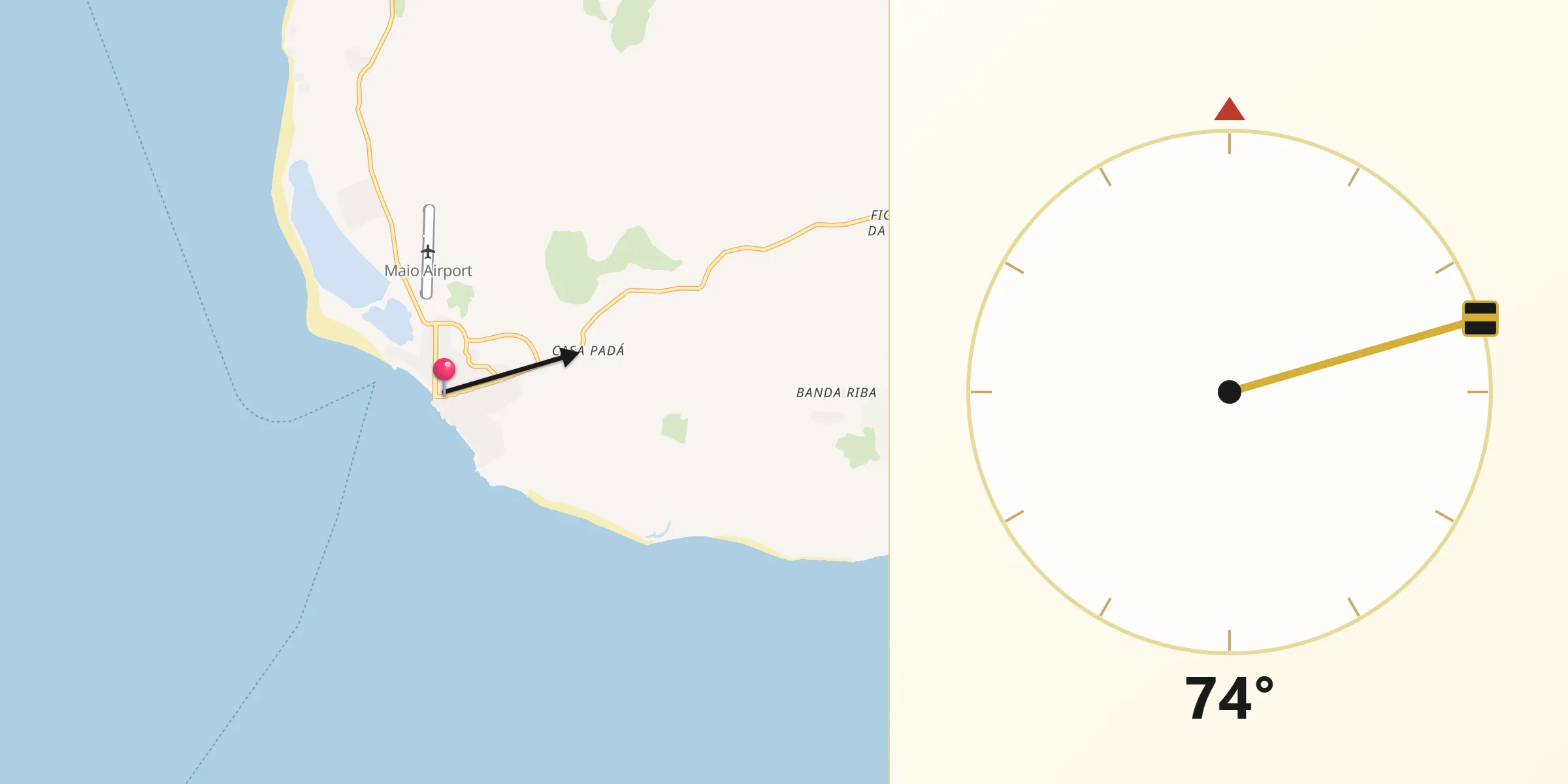 Direção da Qibla a partir de Vila do Maio