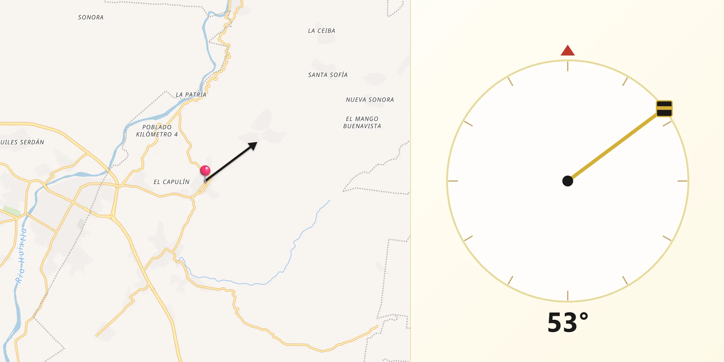 Dirección de la Qibla desde Tuzantán