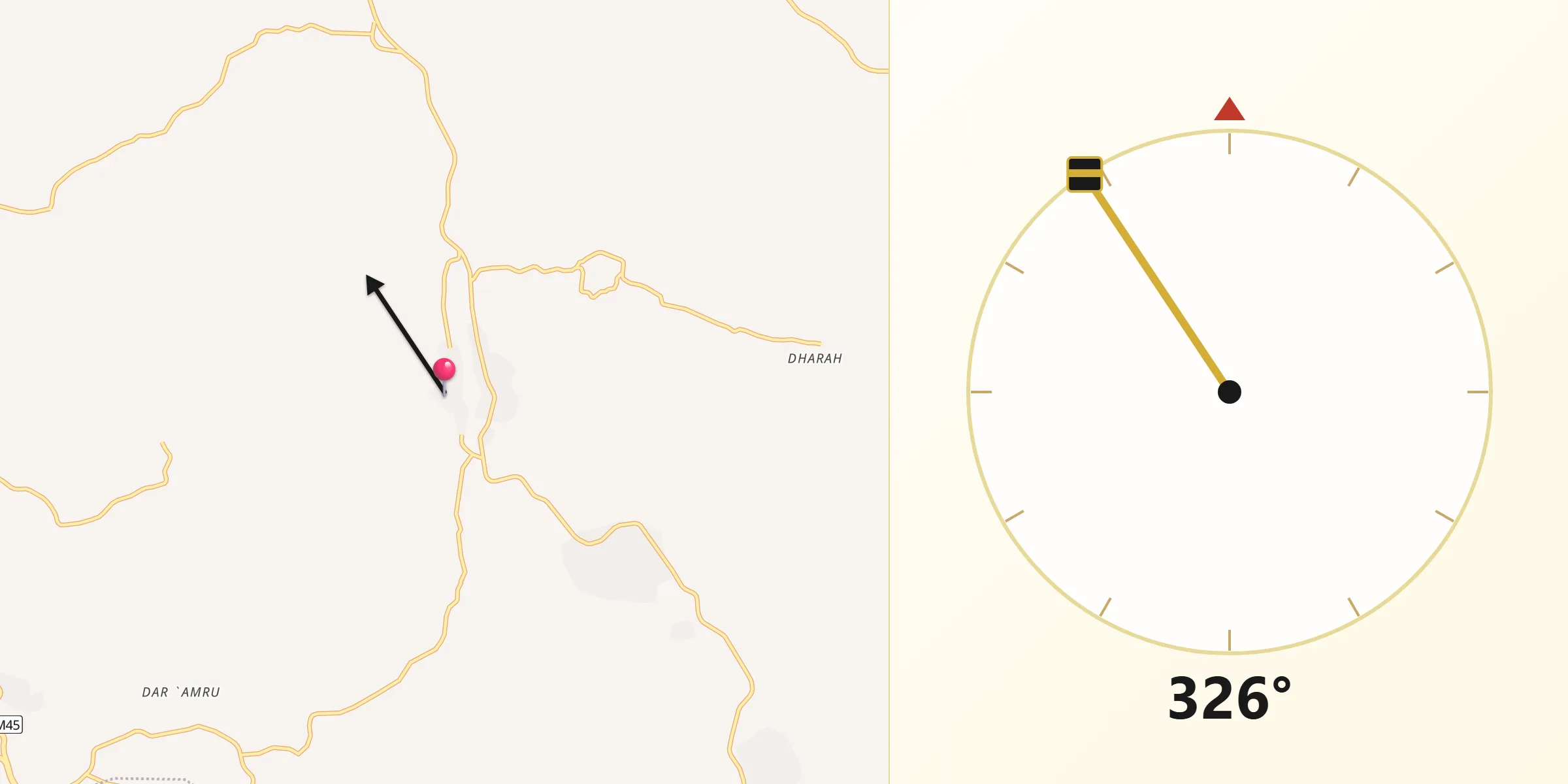 Direction vers la Qibla depuis Sayyān