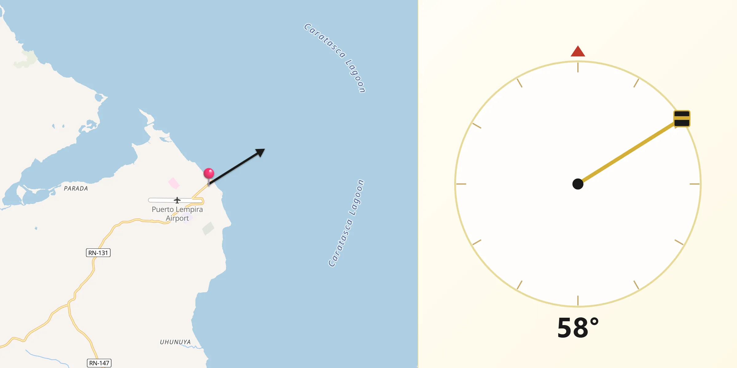 Dirección de la Qibla desde Puerto Lempira