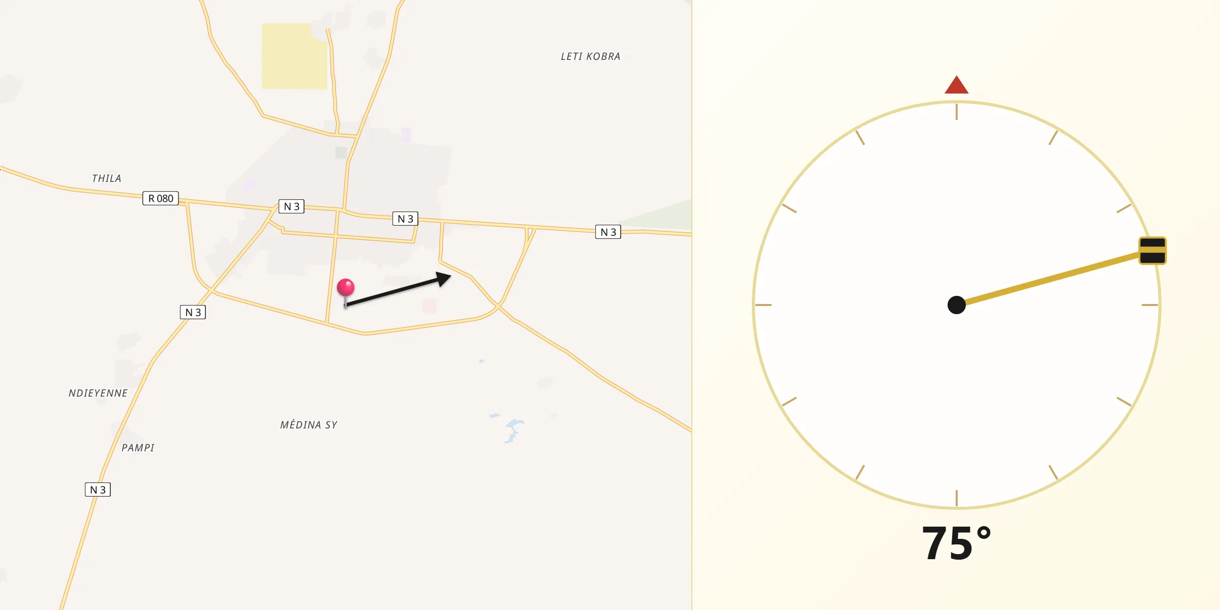 Direction vers la Qibla depuis Ndibène Dahra