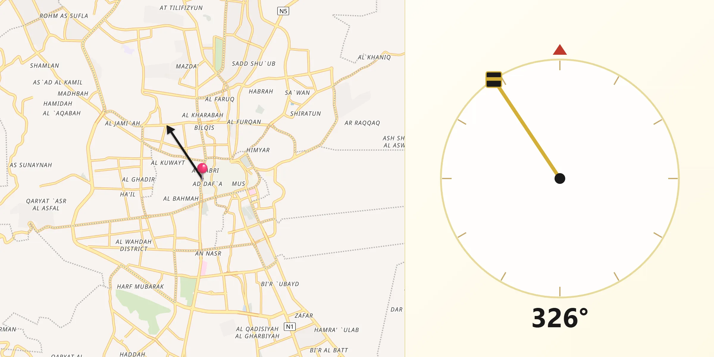 Direction vers la Qibla depuis Sanaa
