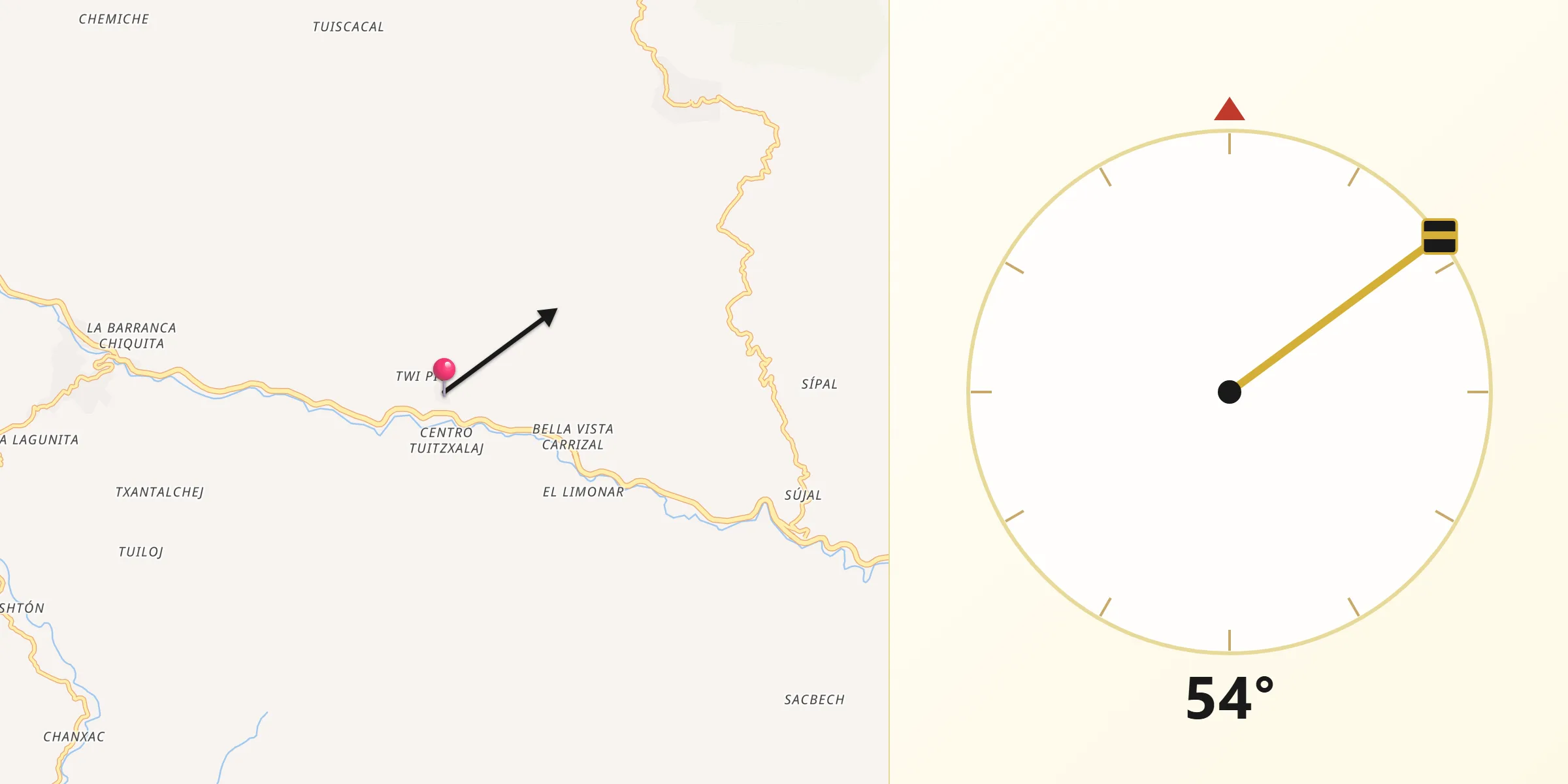 Dirección de la Qibla desde San Rafael Petzal