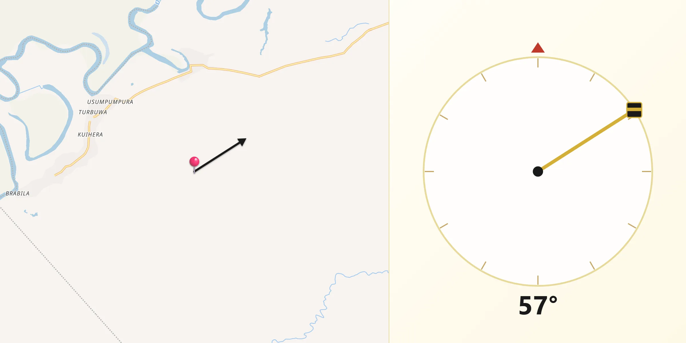Dirección de la Qibla desde Wawina