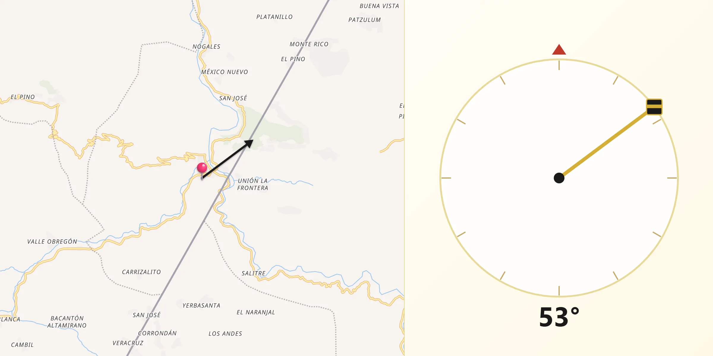 Dirección de la Qibla desde Amatenango de la Frontera