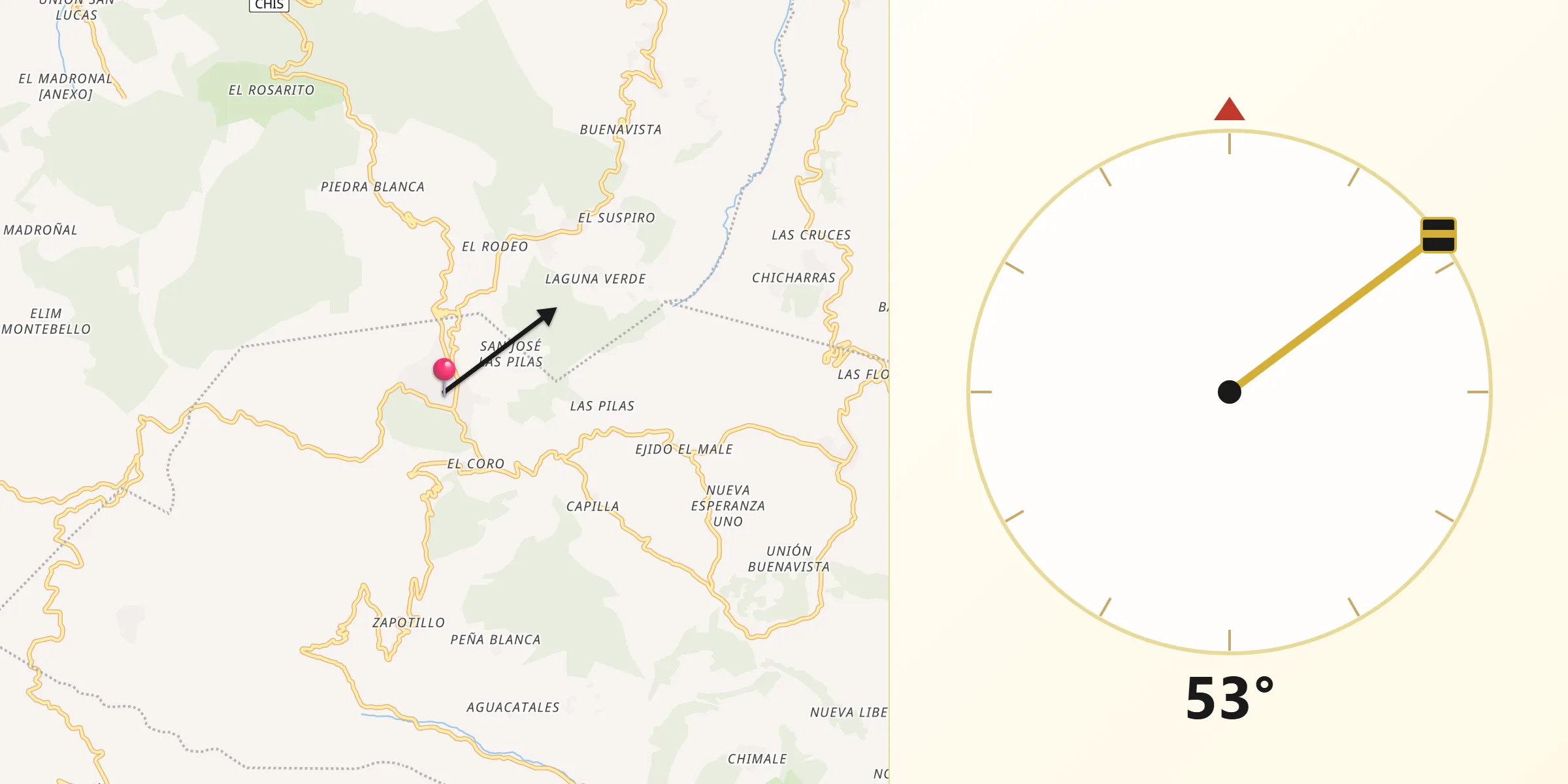Dirección de la Qibla desde El Porvenir de Velasco Suárez