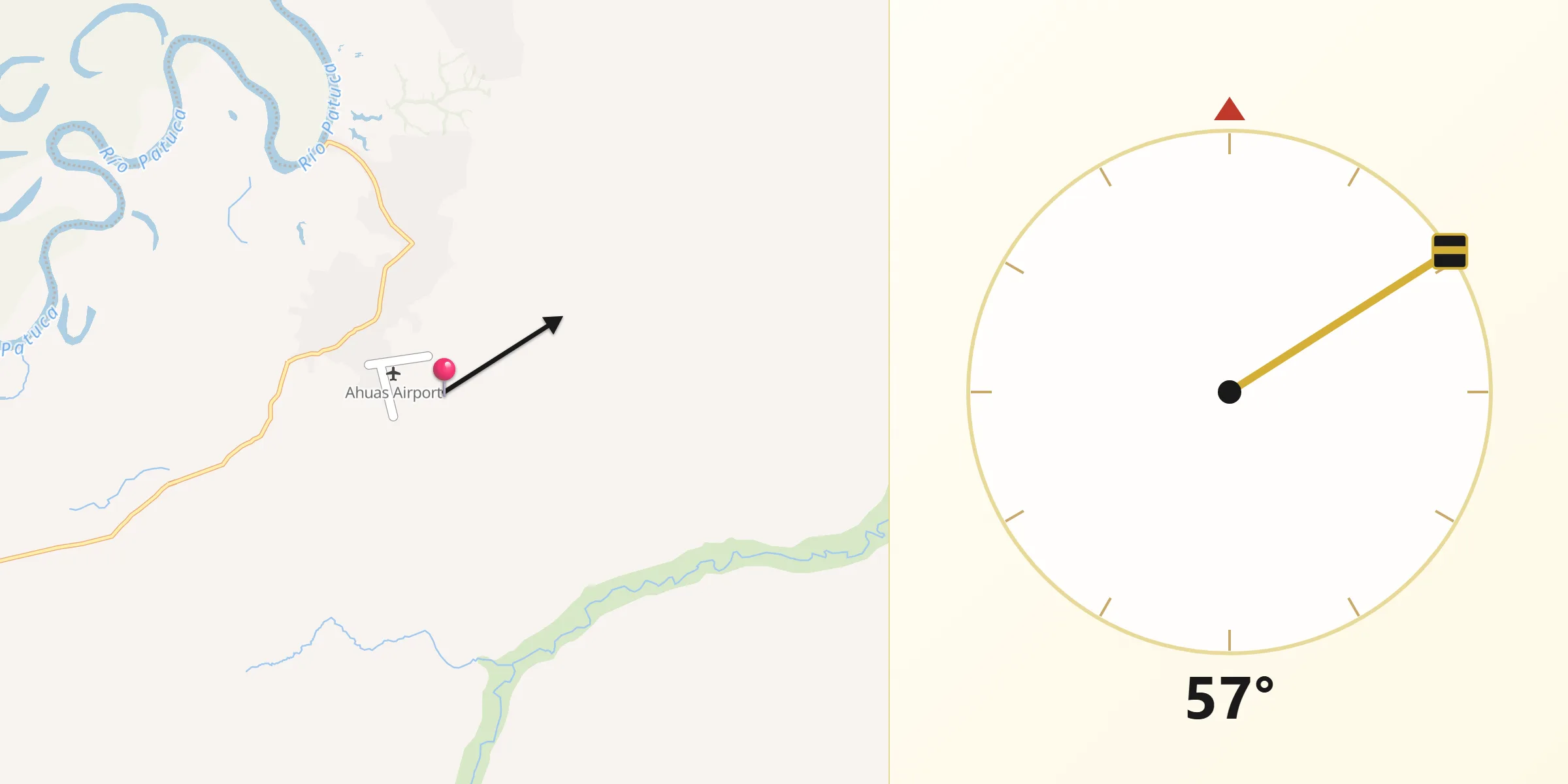 Dirección de la Qibla desde Ahuas