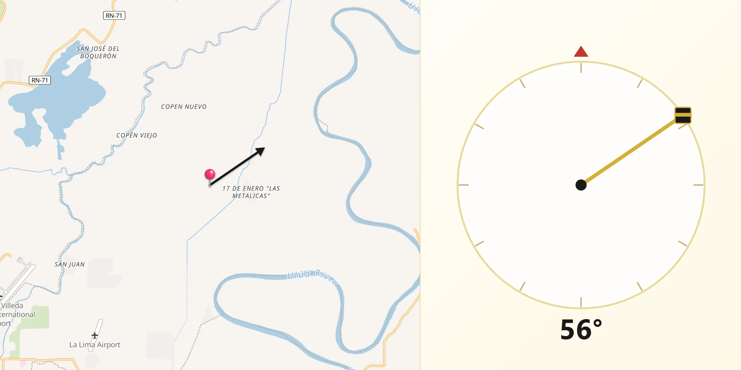 Dirección de la Qibla desde San José del Boquerón