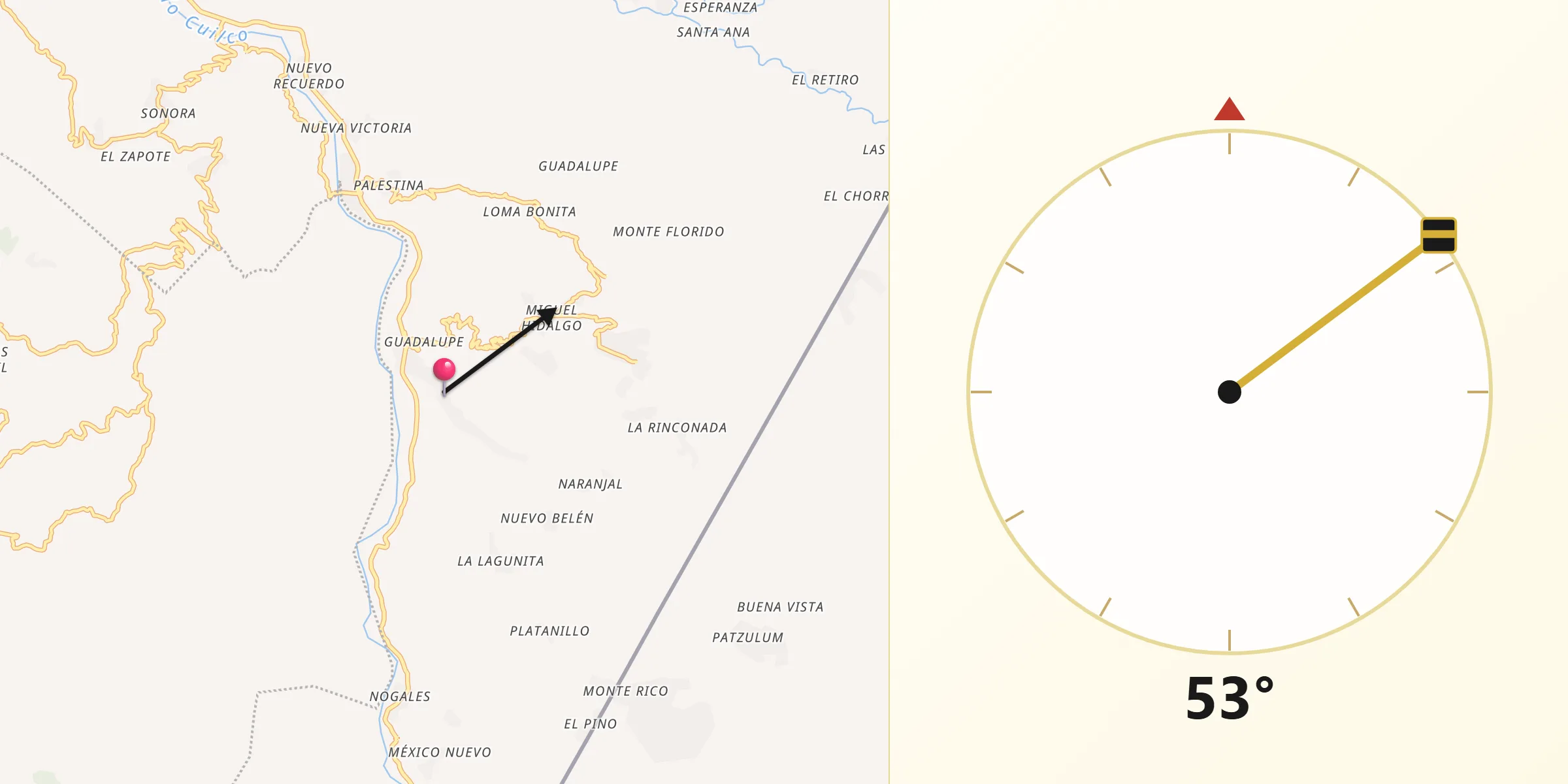 Dirección de la Qibla desde Nuevo Amatenango