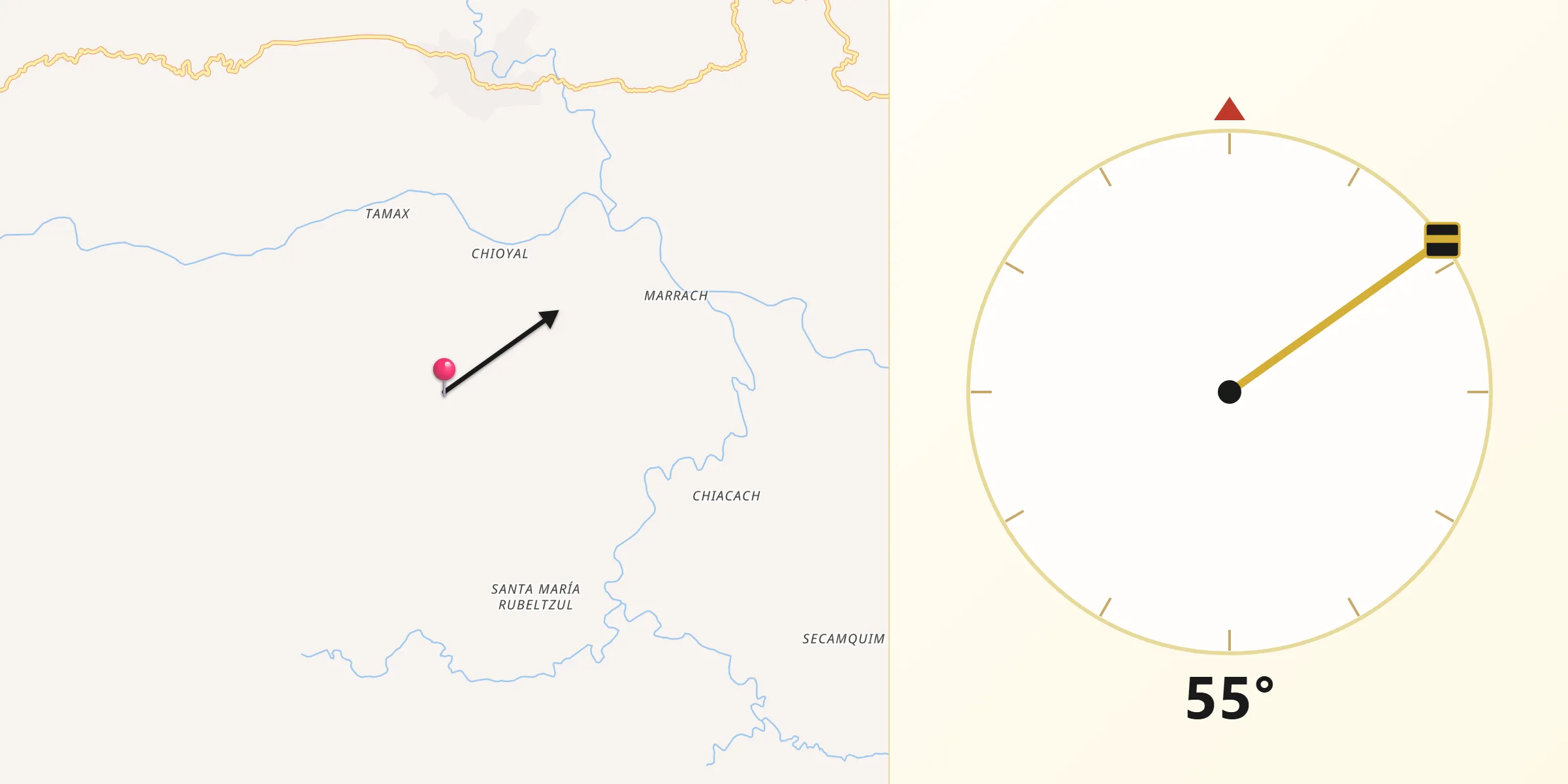 Dirección de la Qibla desde Cahabón