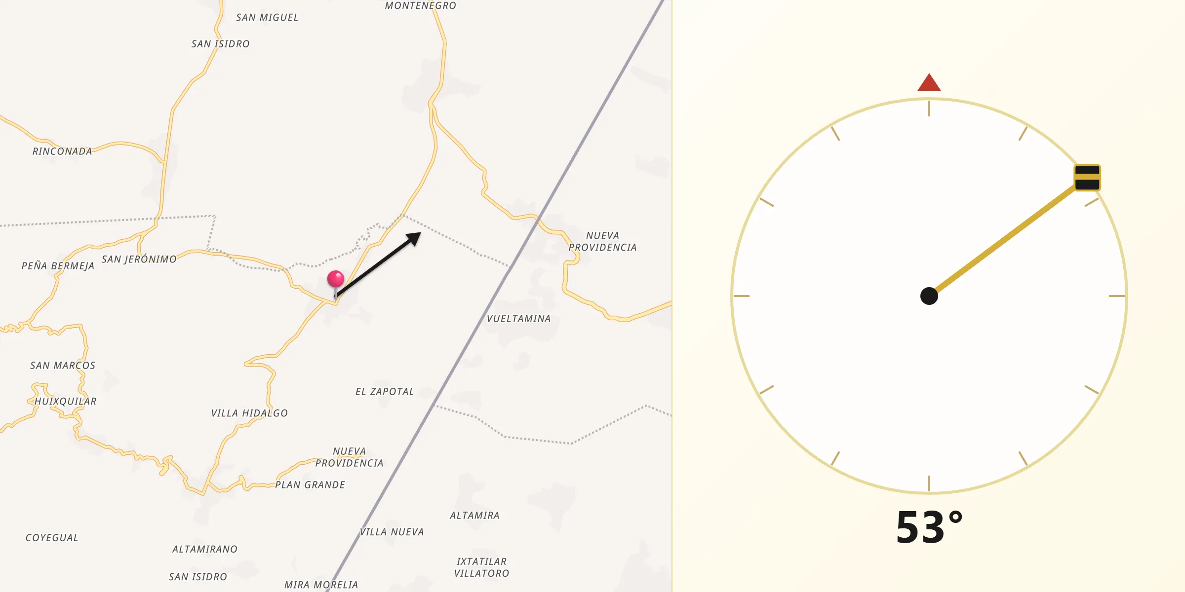 Dirección de la Qibla desde Potrerillo