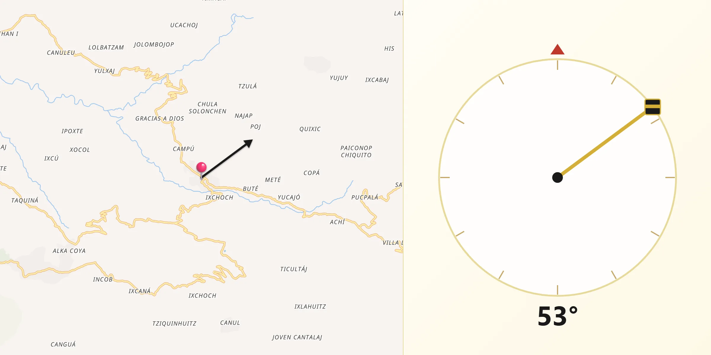 Dirección de la Qibla desde San Miguel Acatán