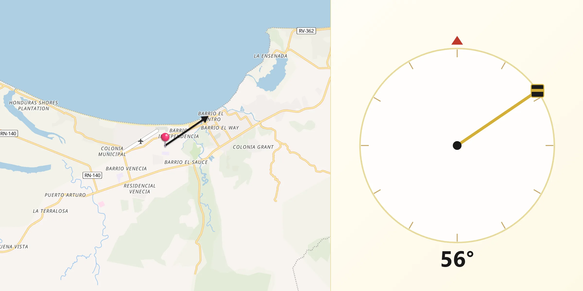Dirección de la Qibla desde Tela