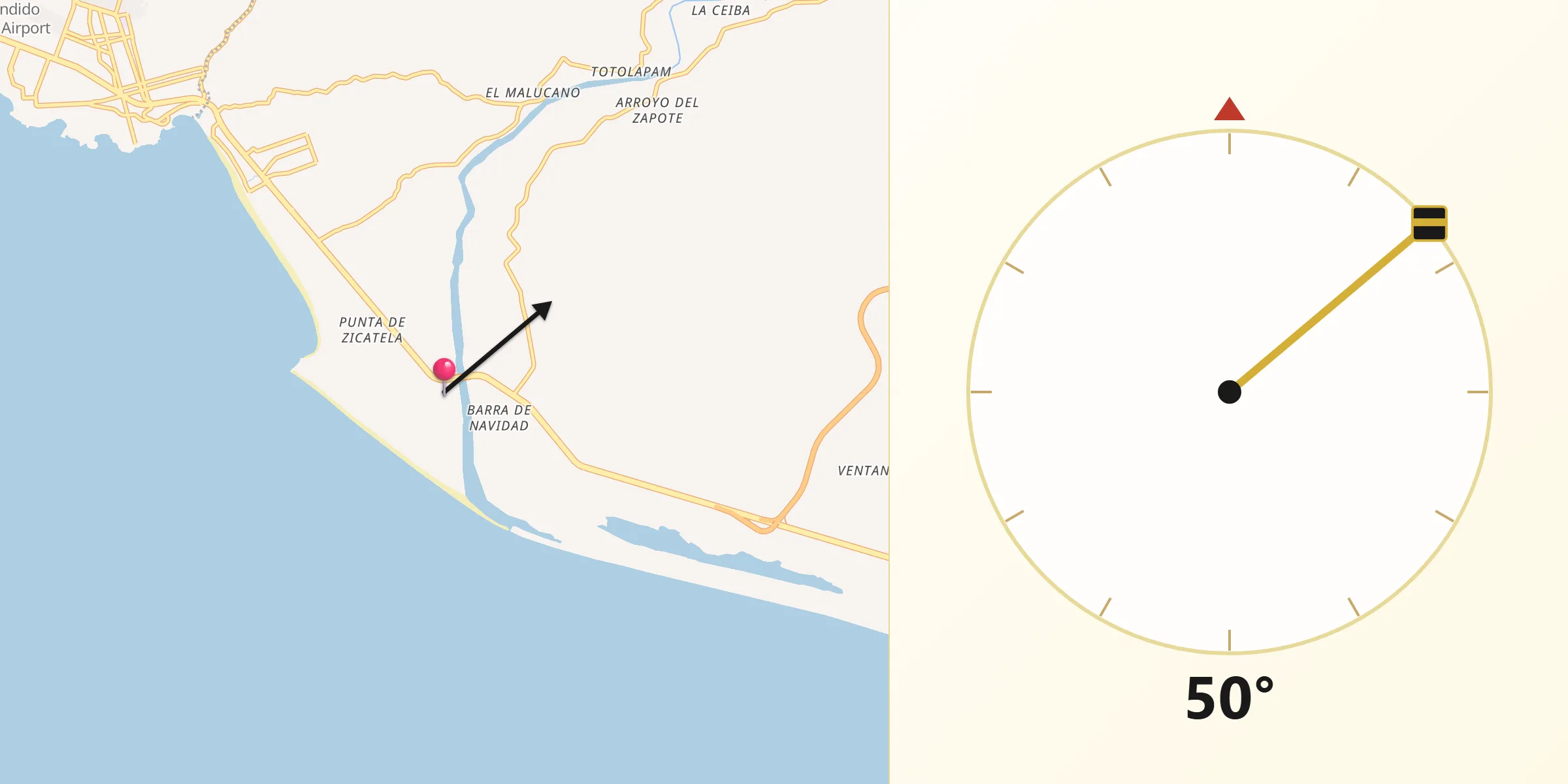 Dirección de la Qibla desde La Barra de Colotepec