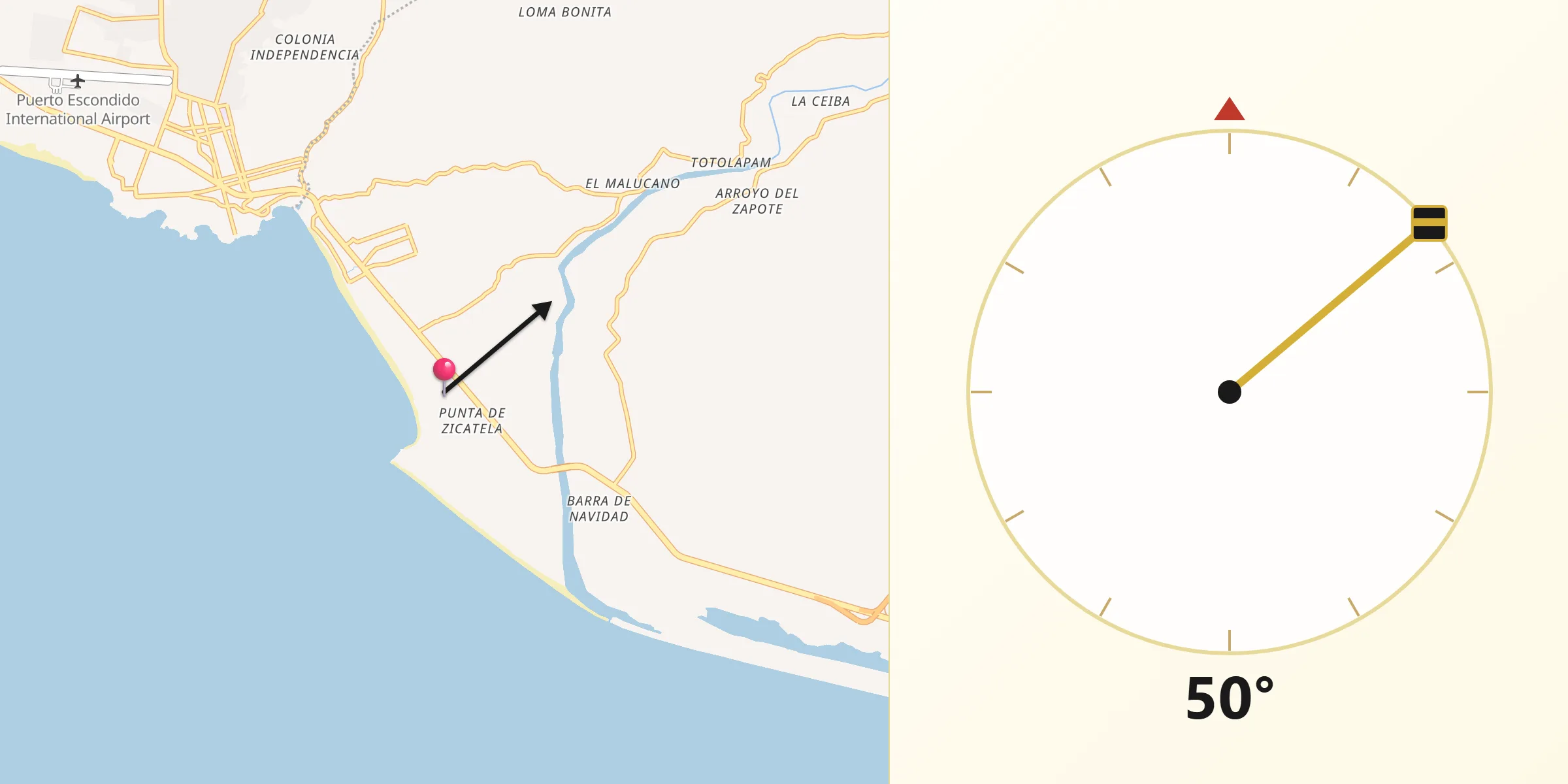 Dirección de la Qibla desde Brisas de Zicatela