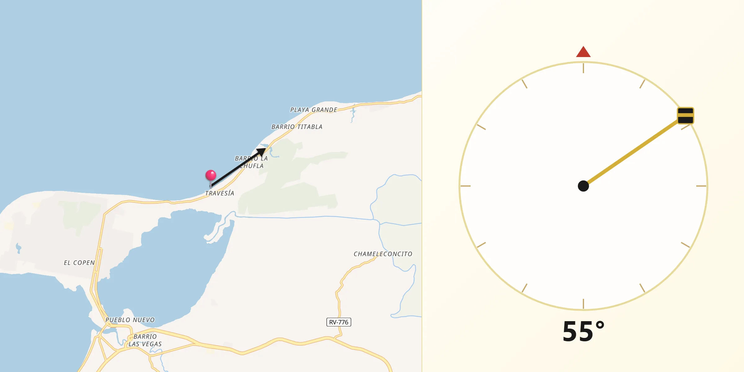 Dirección de la Qibla desde Travesía