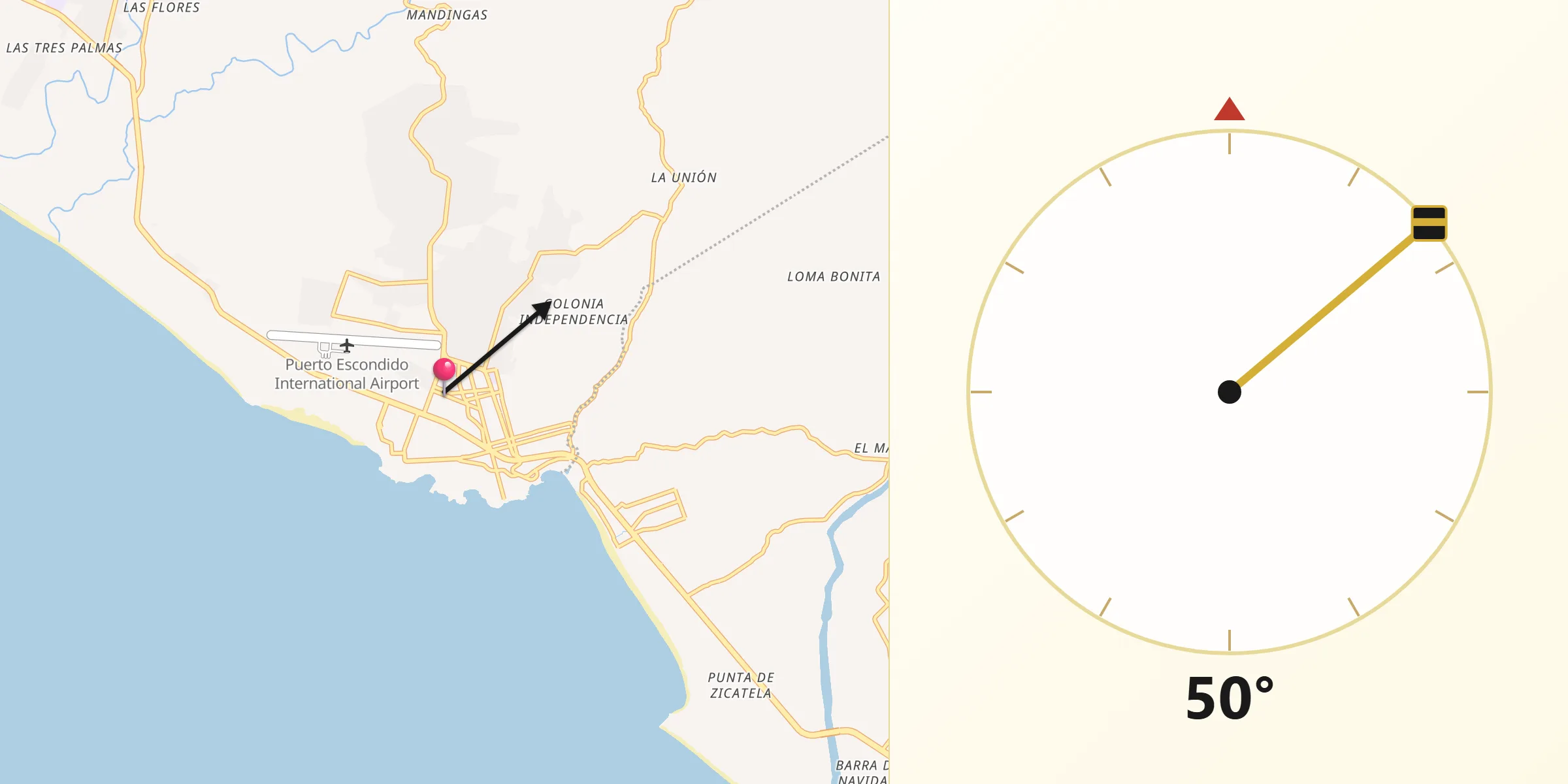 Dirección de la Qibla desde Puerto Escondido