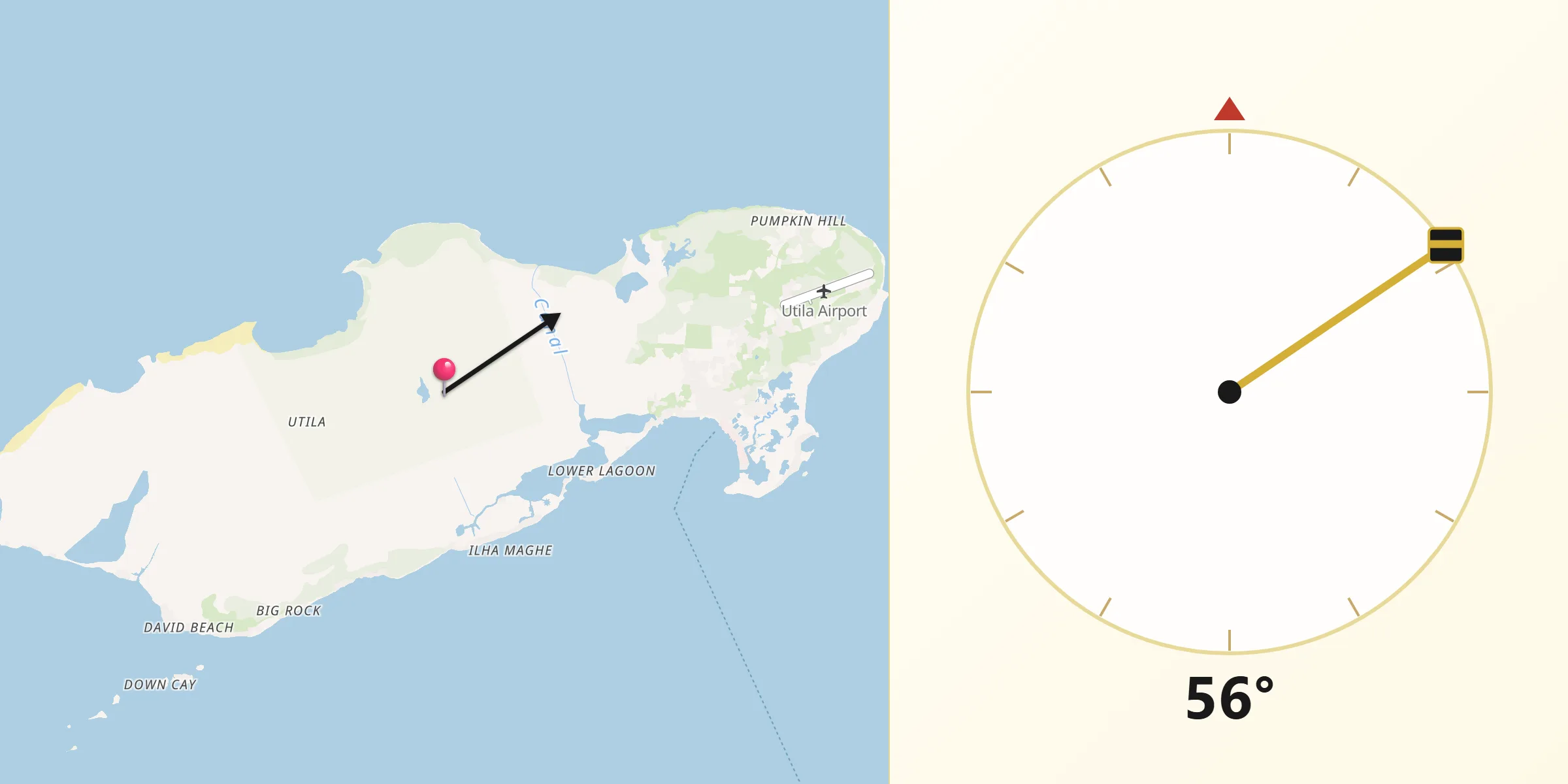 Dirección de la Qibla desde Utila