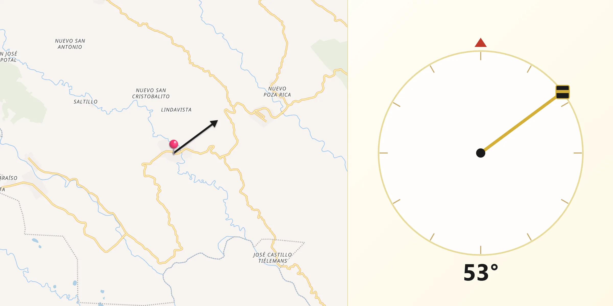 Dirección de la Qibla desde Nuevo San Juan Chamula