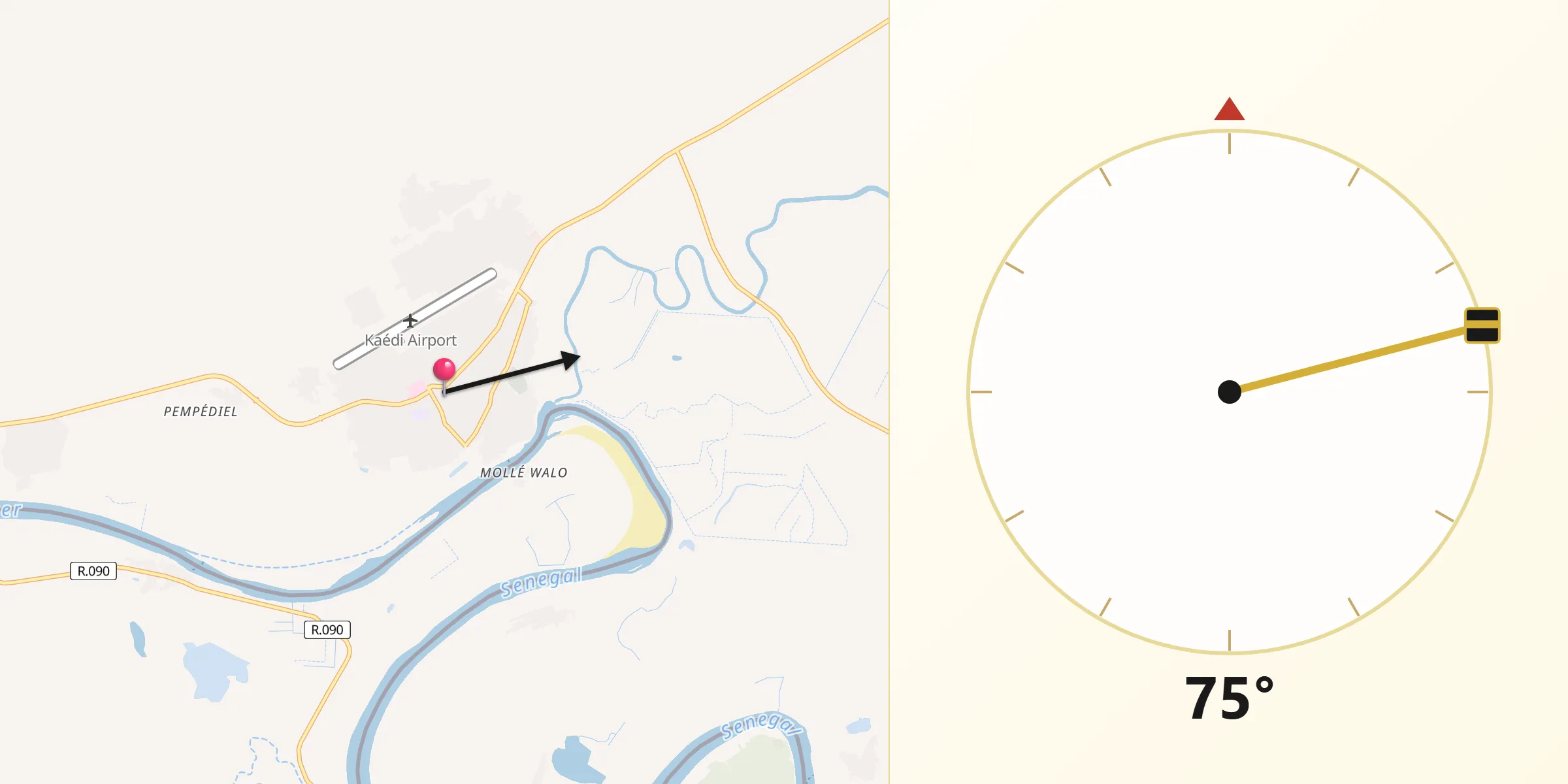 Direction vers la Qibla depuis Kaédi