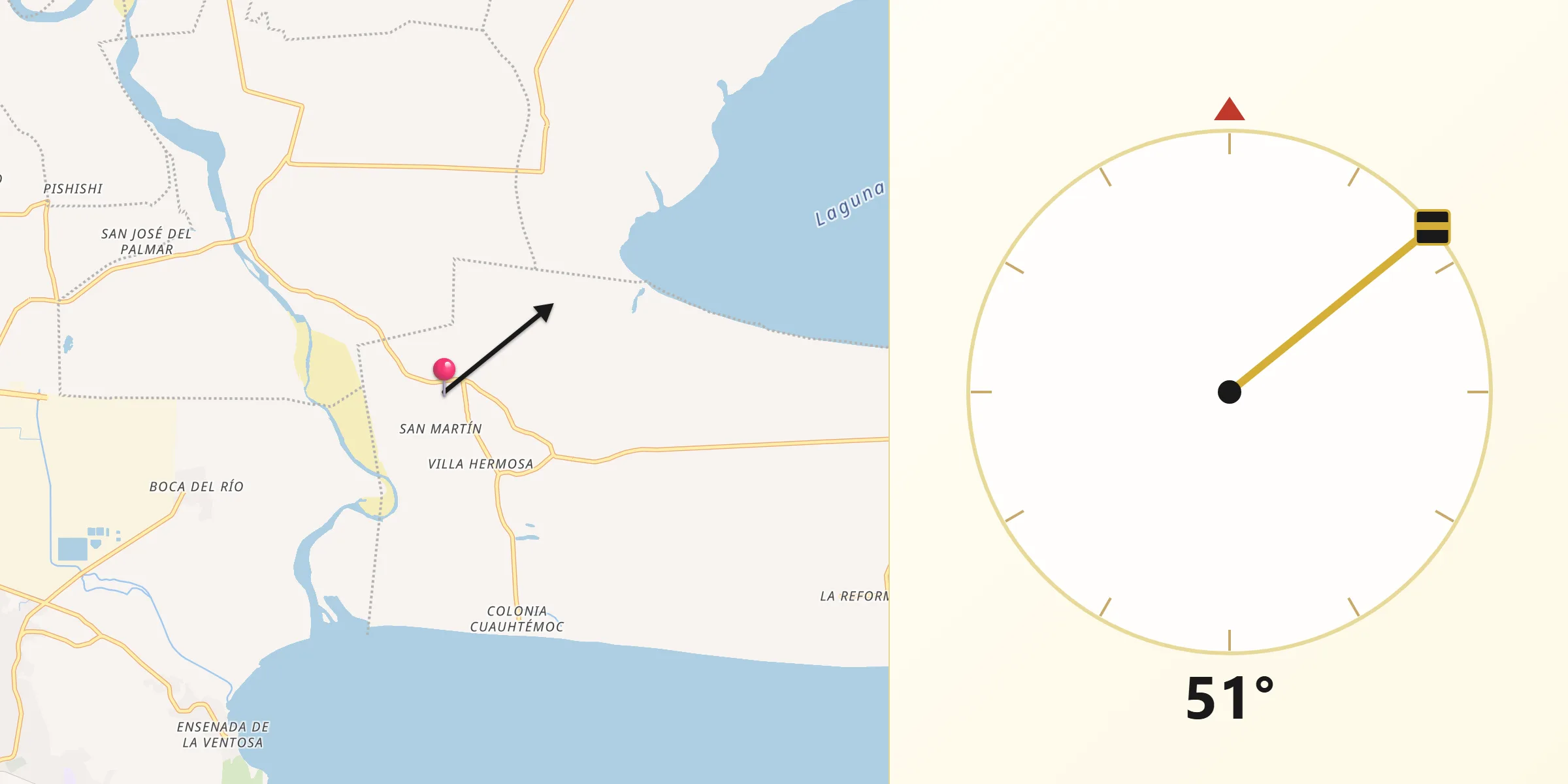 Dirección de la Qibla desde Huazantlán del Río