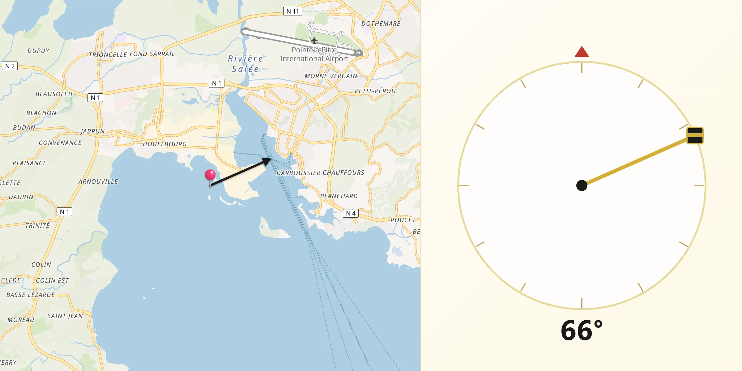 Direction vers la Qibla depuis Le Gosier