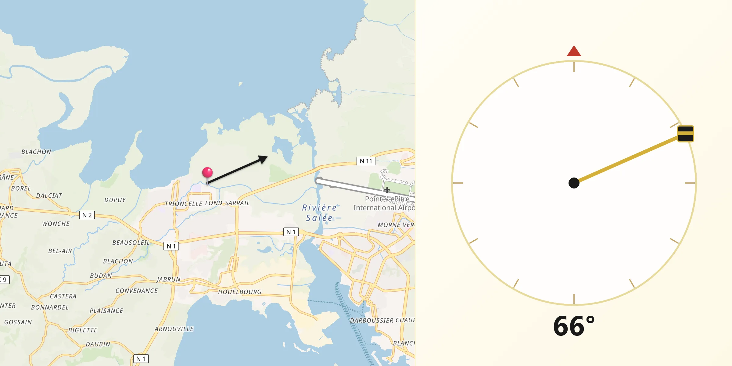 Direction vers la Qibla depuis Les Abymes