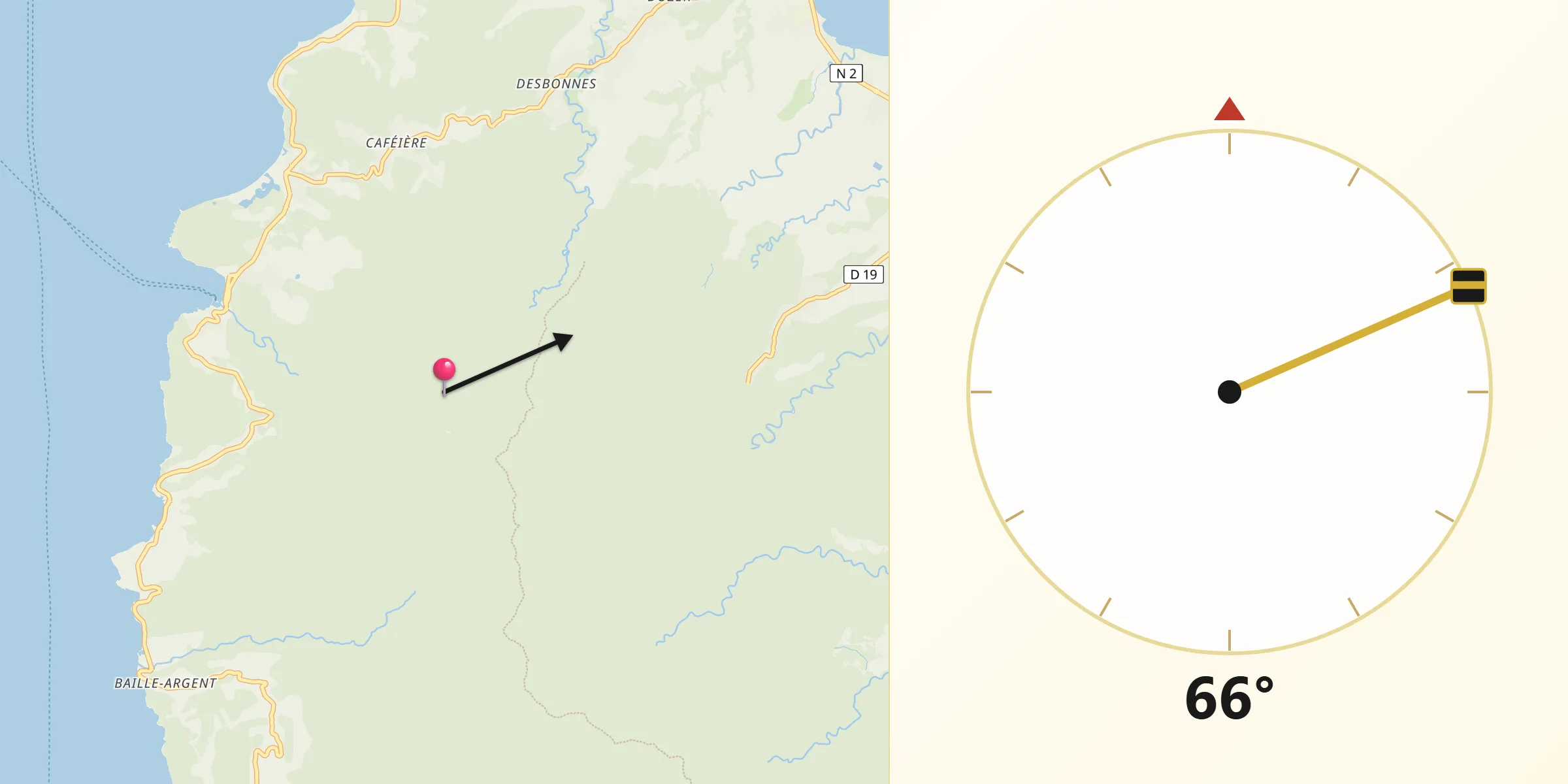 Direction vers la Qibla depuis Sainte-Rose