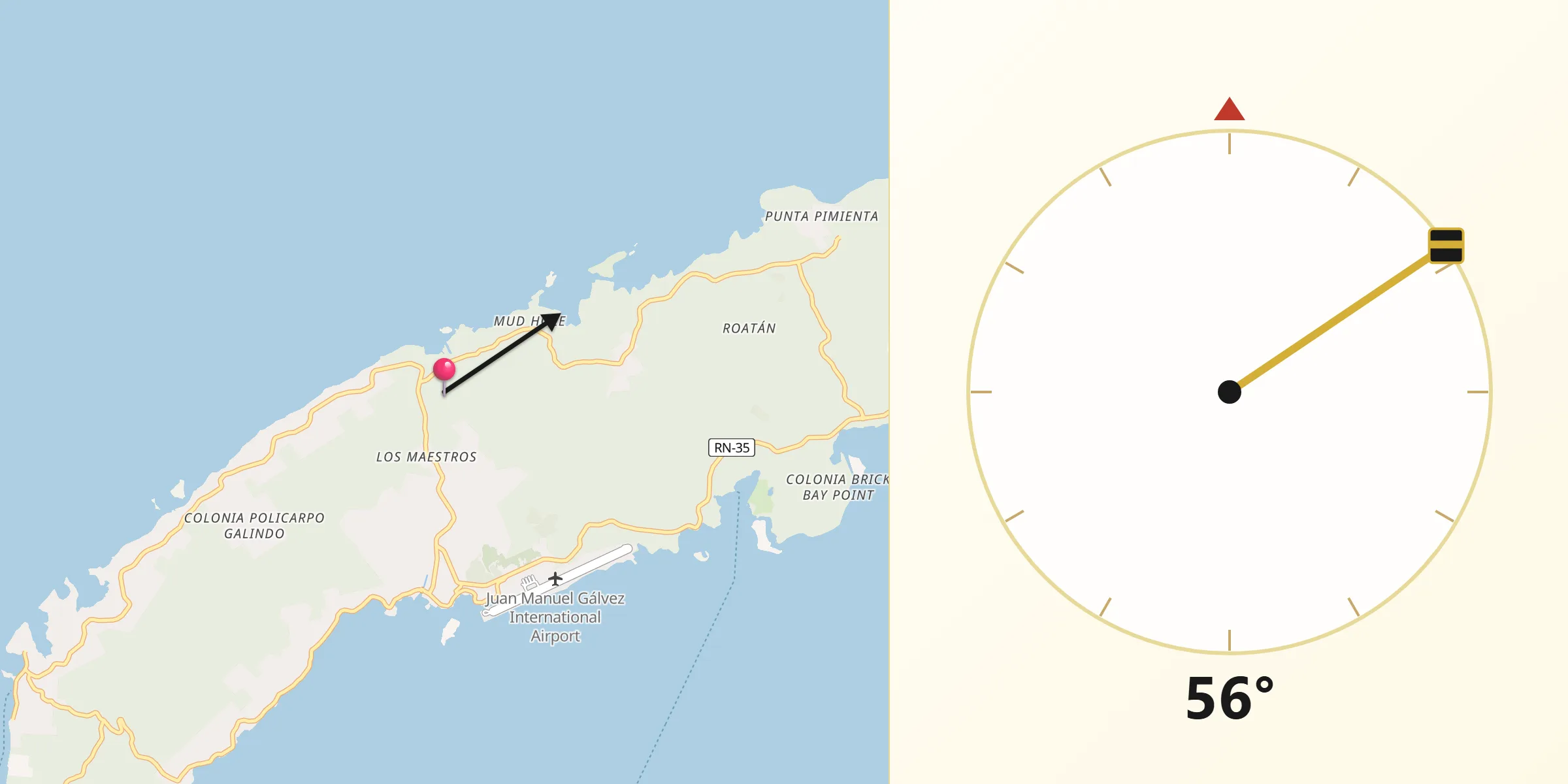 Dirección de la Qibla desde Roatán