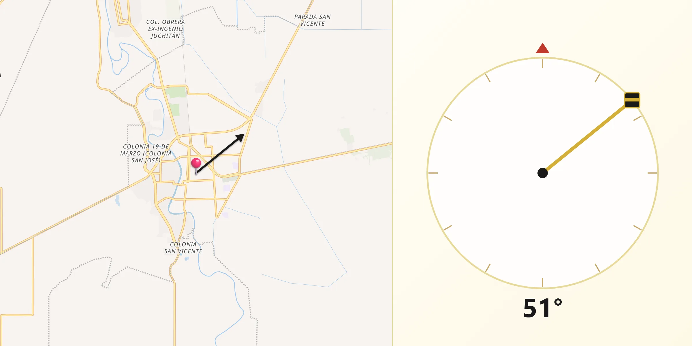 Dirección de la Qibla desde Juchitán de Zaragoza