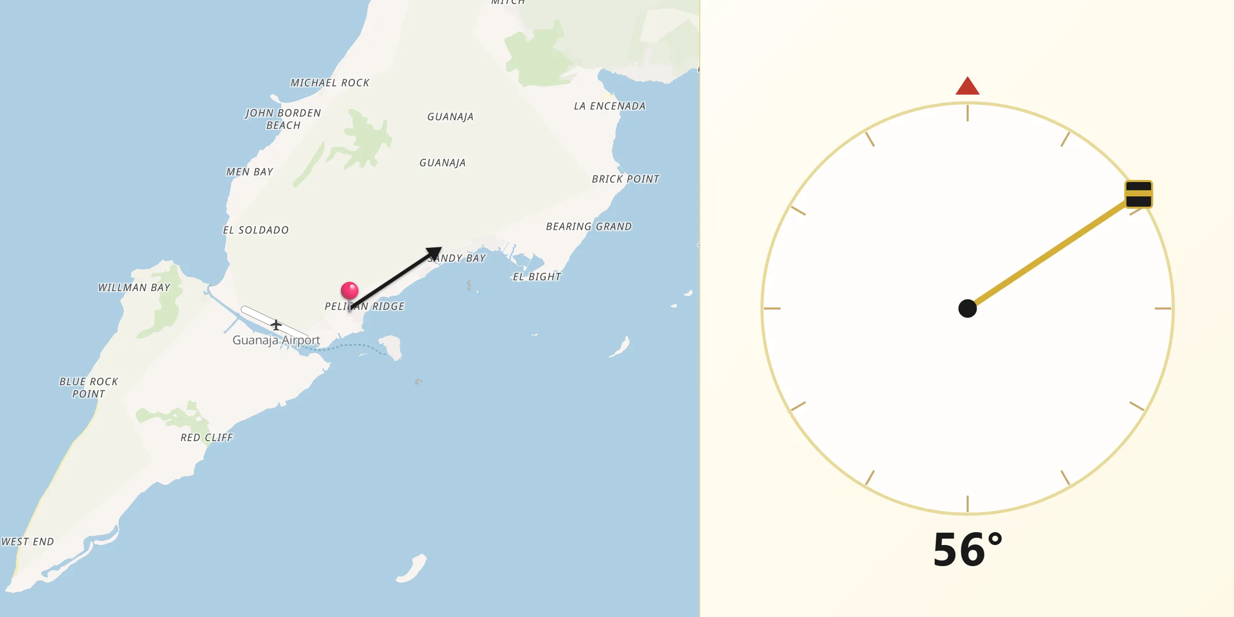 Dirección de la Qibla desde Guanaja