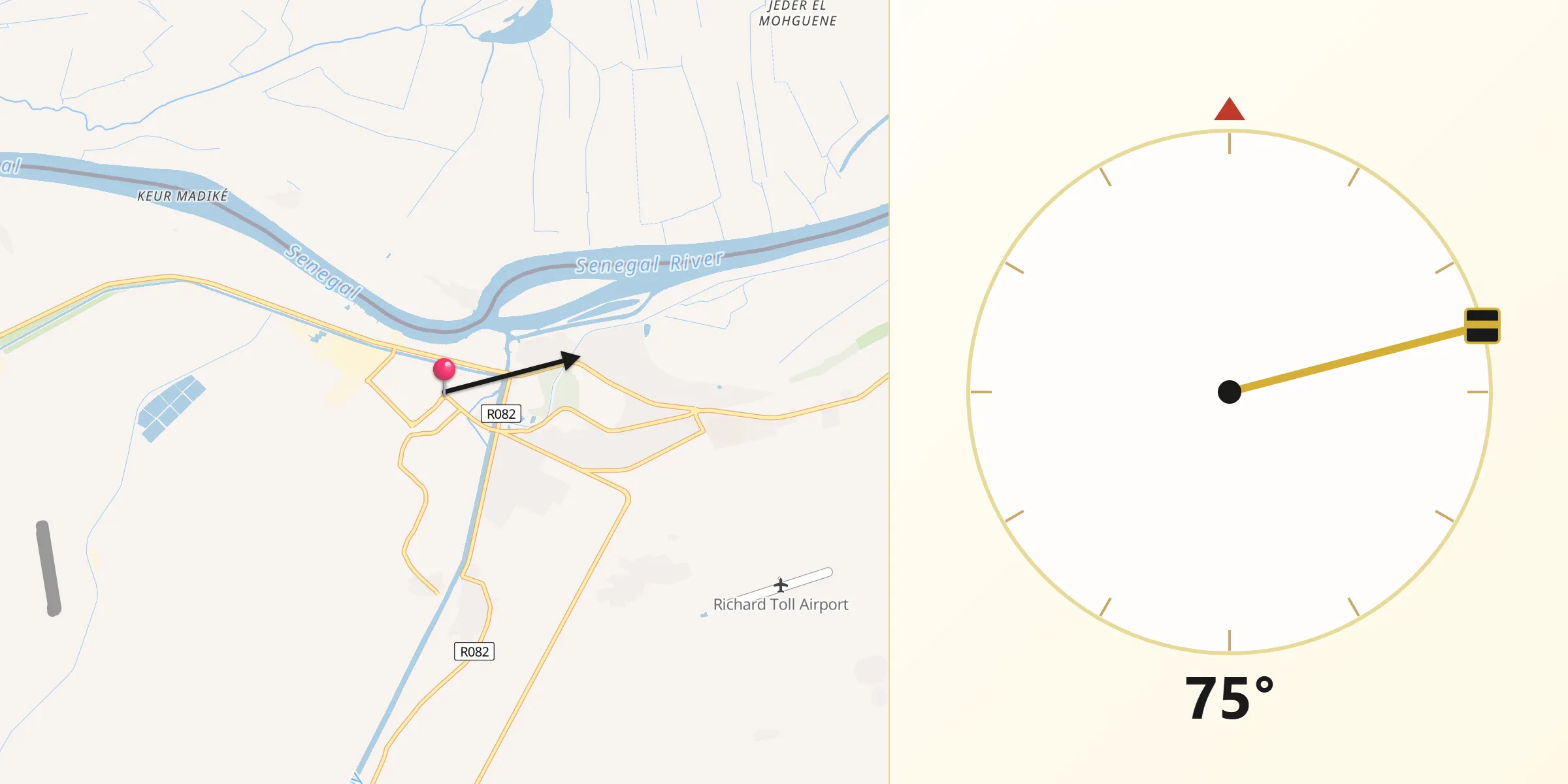 Direction vers la Qibla depuis Richard-Toll