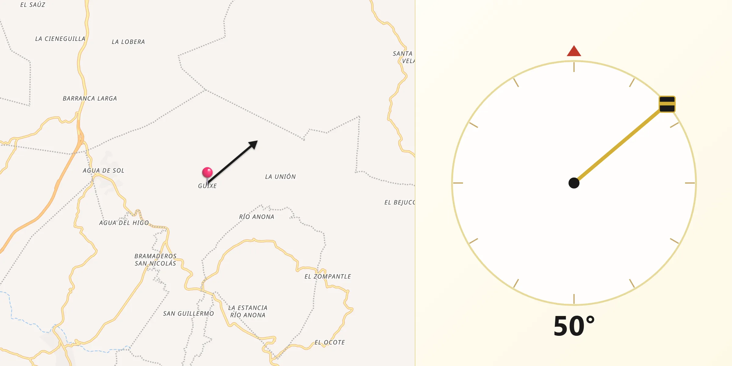 Dirección de la Qibla desde Guixé