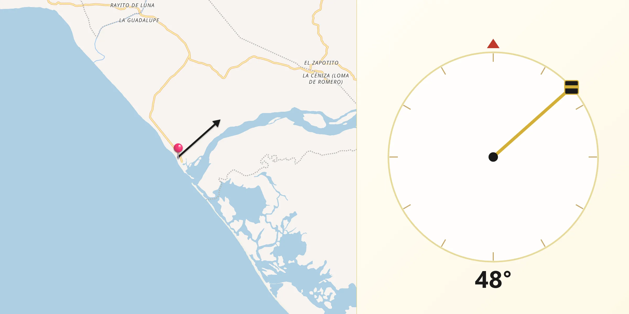 Dirección de la Qibla desde Barra de Tecoanapa