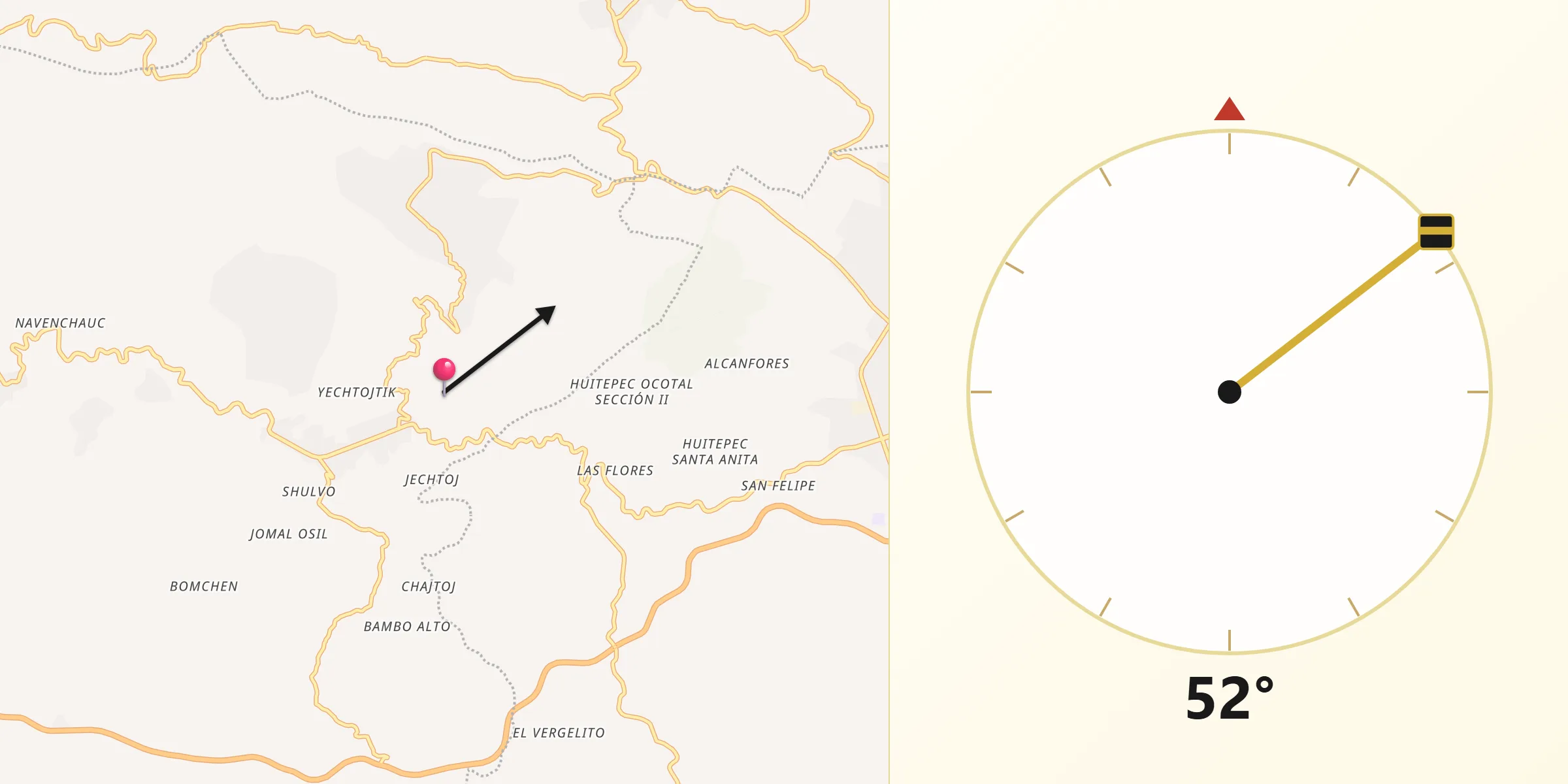 Dirección de la Qibla desde Bochojbo Alto