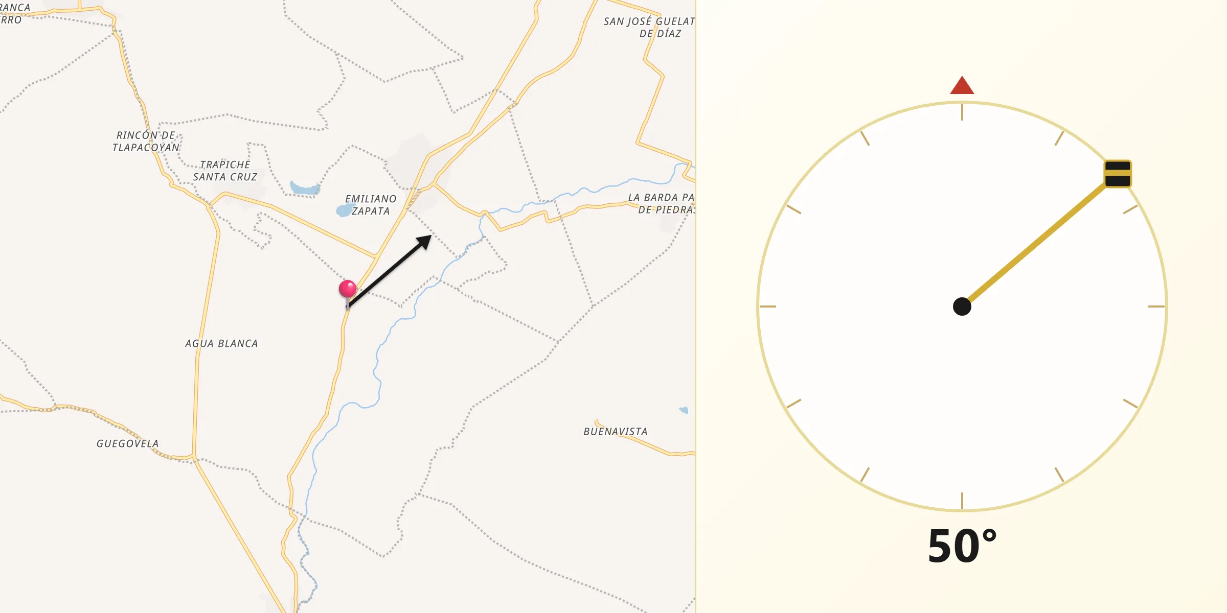 Dirección de la Qibla desde Santa Ana Tlapacoyan