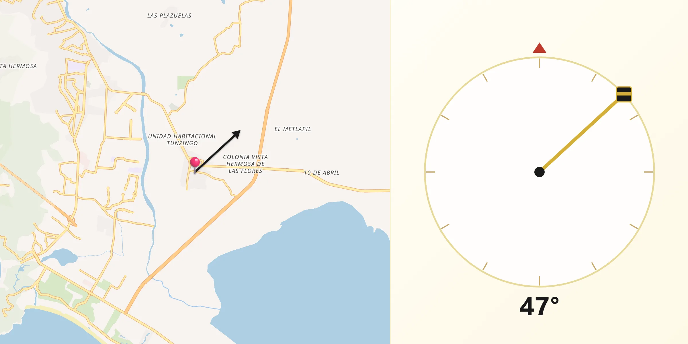 Dirección de la Qibla desde Tres Palos