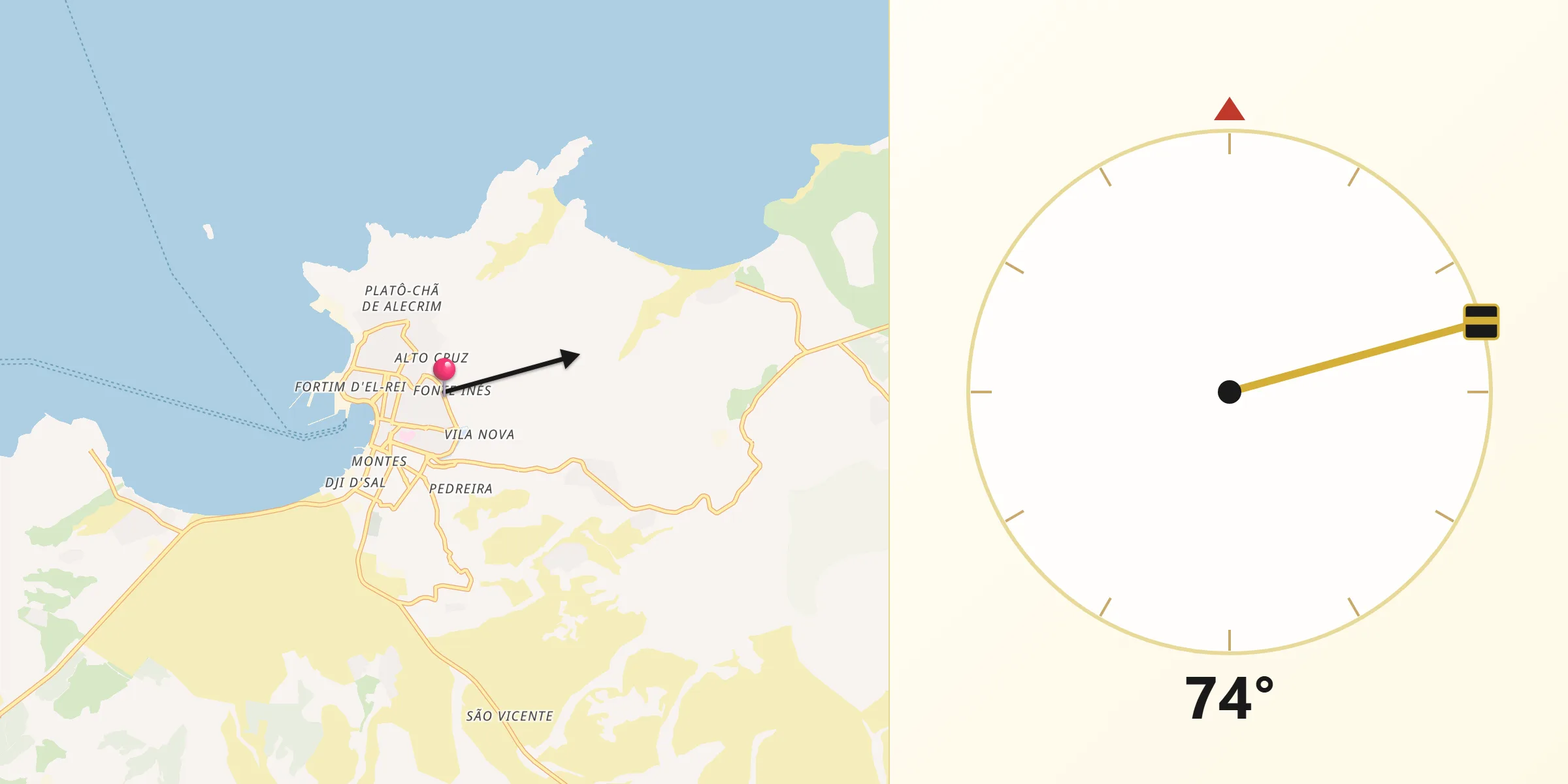 Direção da Qibla a partir de Mindelo