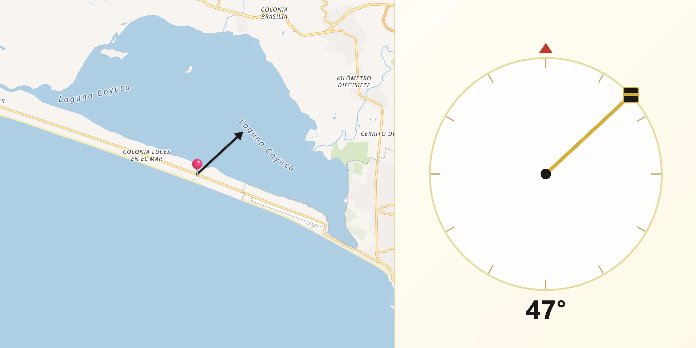 Dirección de la Qibla desde Colonia Luces en el Mar