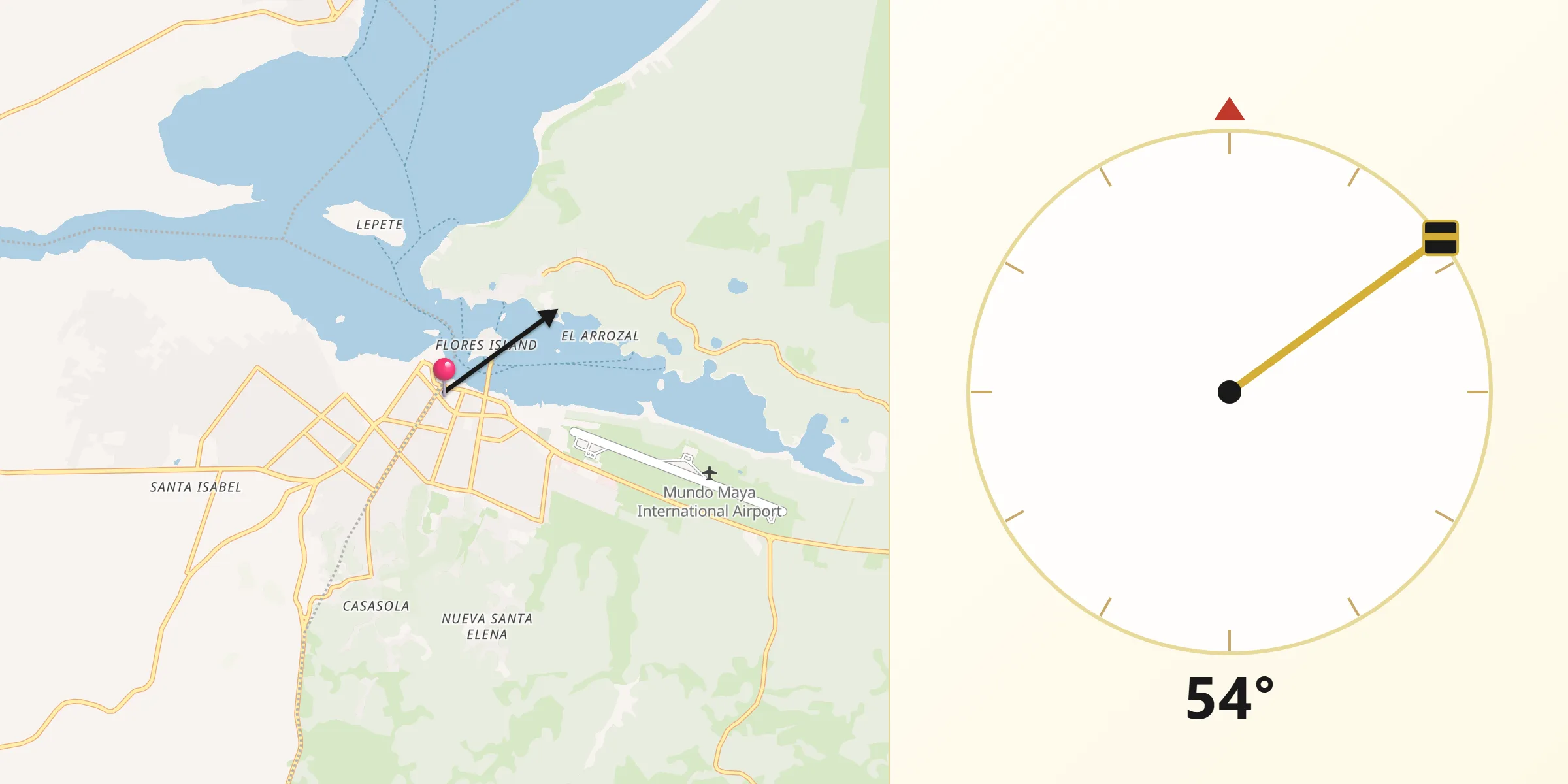 Dirección de la Qibla desde Municipio de Flores