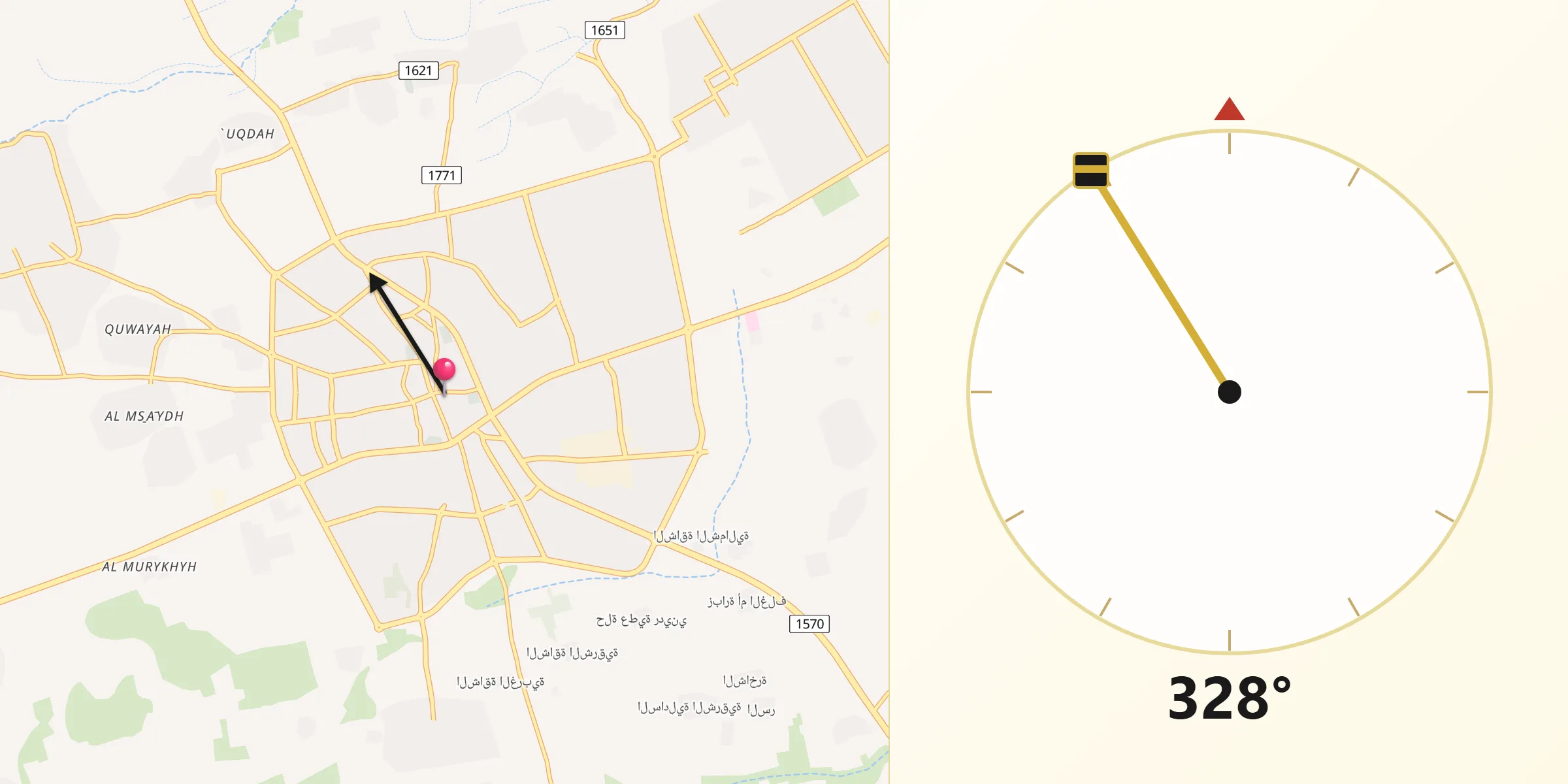 Direction vers la Qibla depuis Abū ‘Arīsh