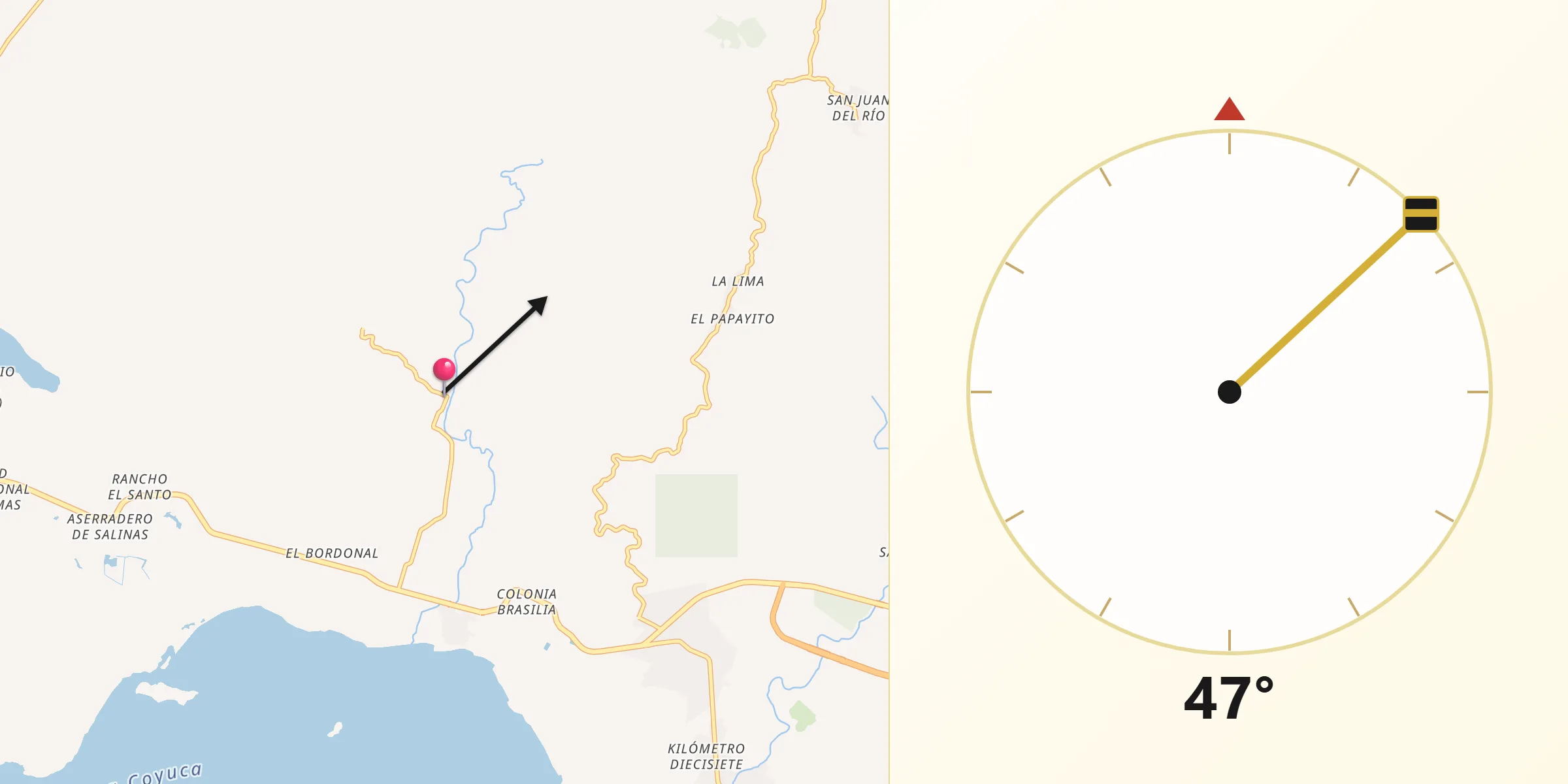 Dirección de la Qibla desde Yetla