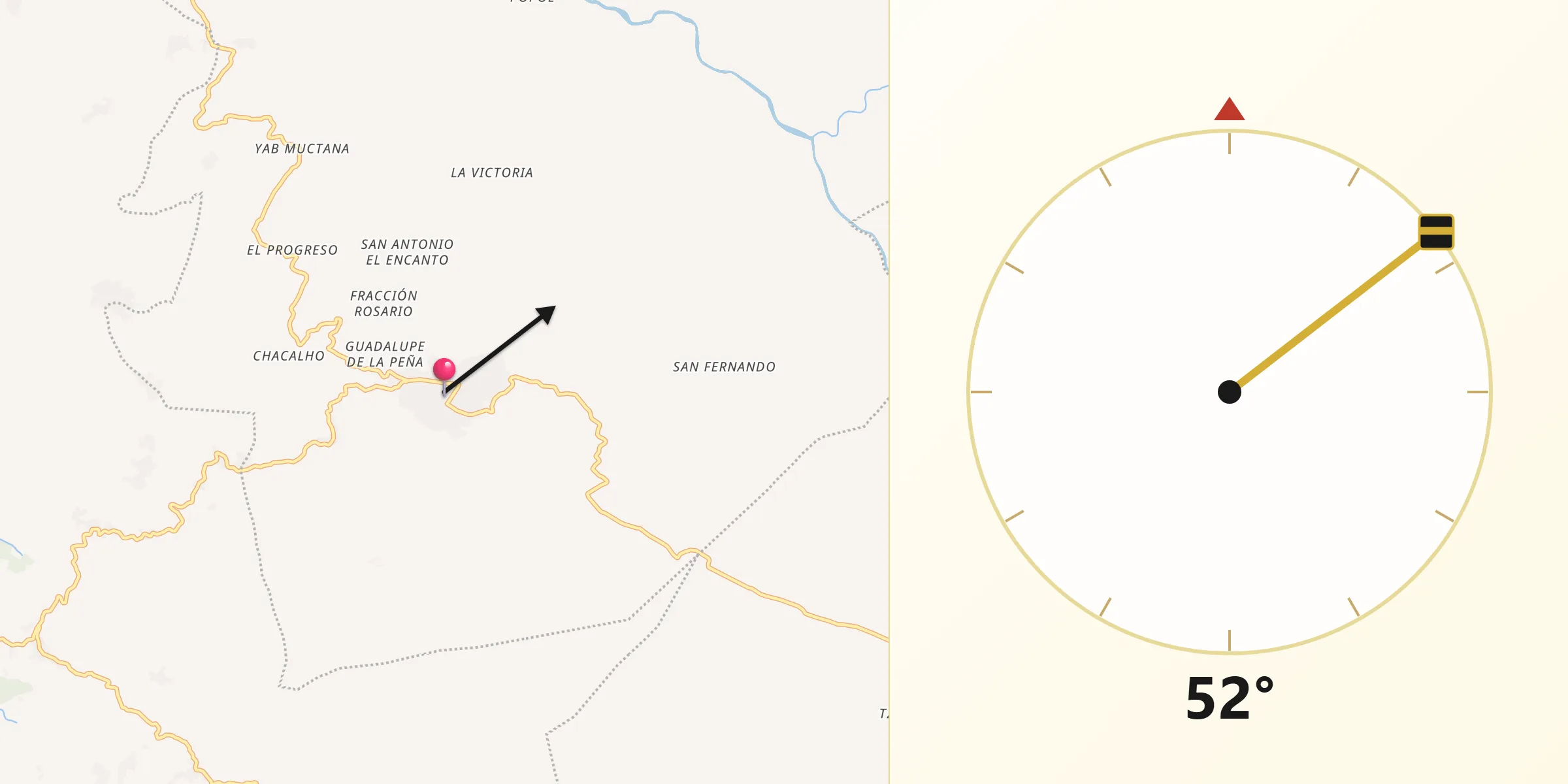 Dirección de la Qibla desde Pantelhó
