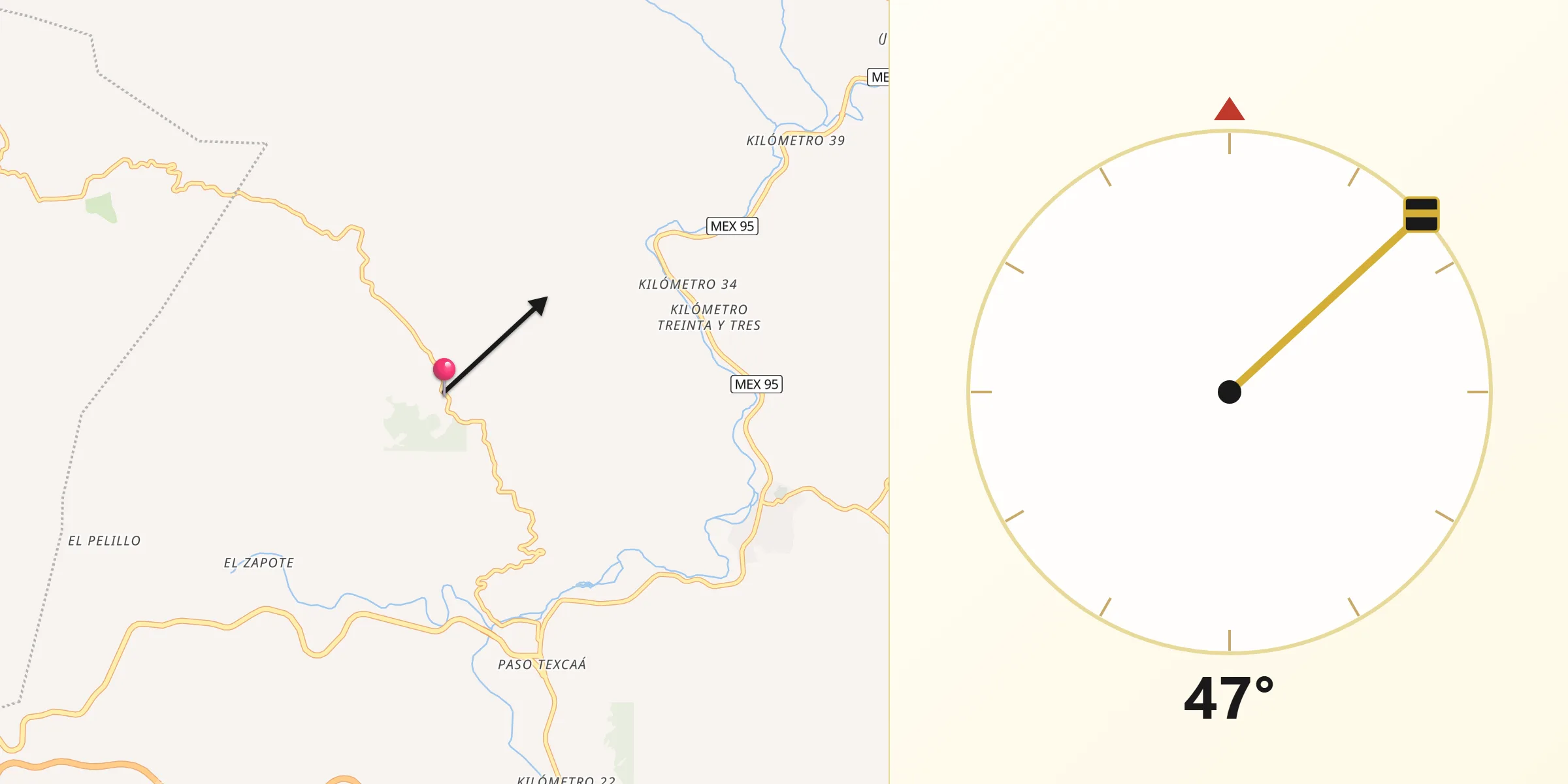 Dirección de la Qibla desde Texca