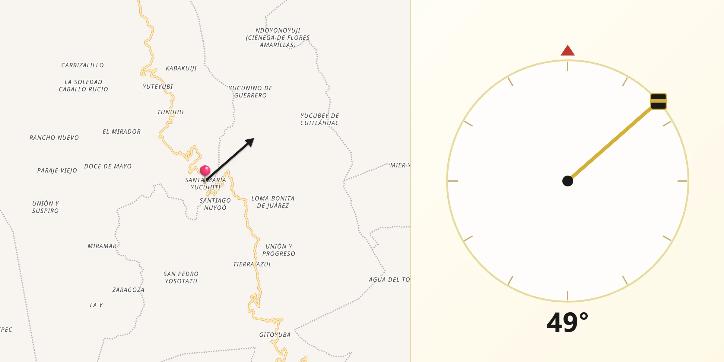 Dirección de la Qibla desde Santa María Yucuhiti