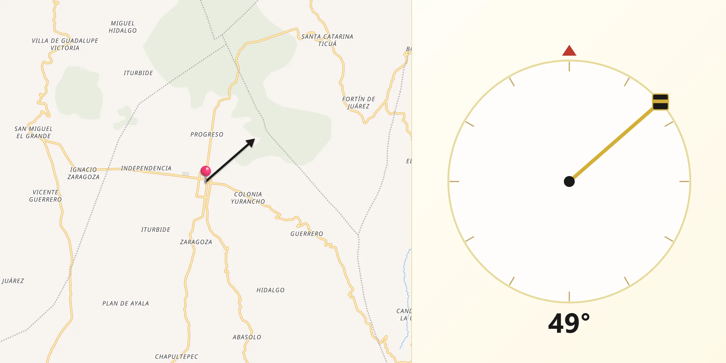 Dirección de la Qibla desde Villa Chalcatongo de Hidalgo