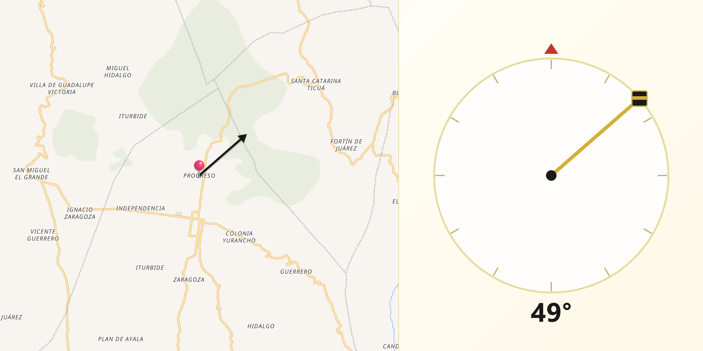 Dirección de la Qibla desde Progreso de Castro