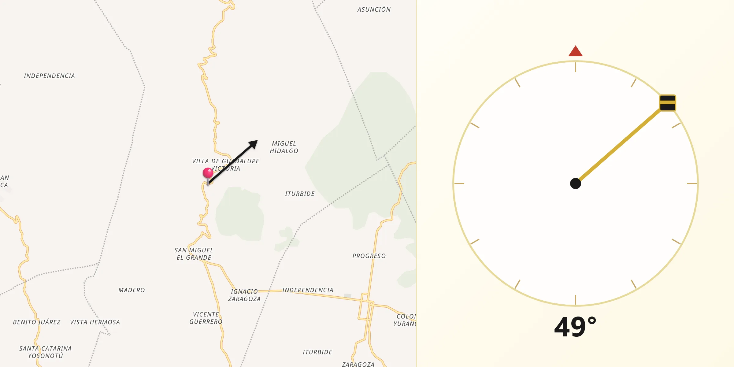 Dirección de la Qibla desde San Miguel el Grande