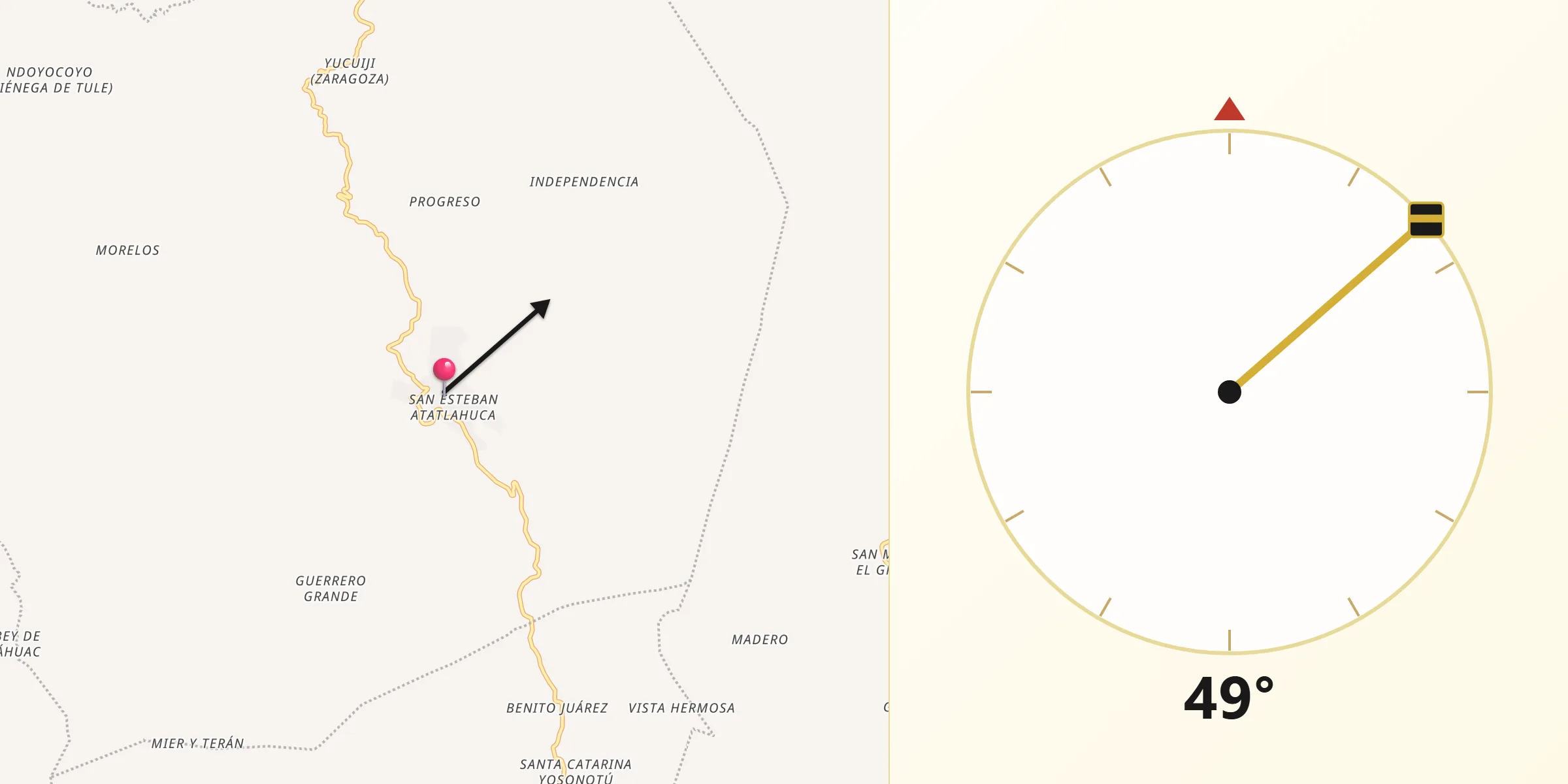 Dirección de la Qibla desde San Esteban Atatlahuca